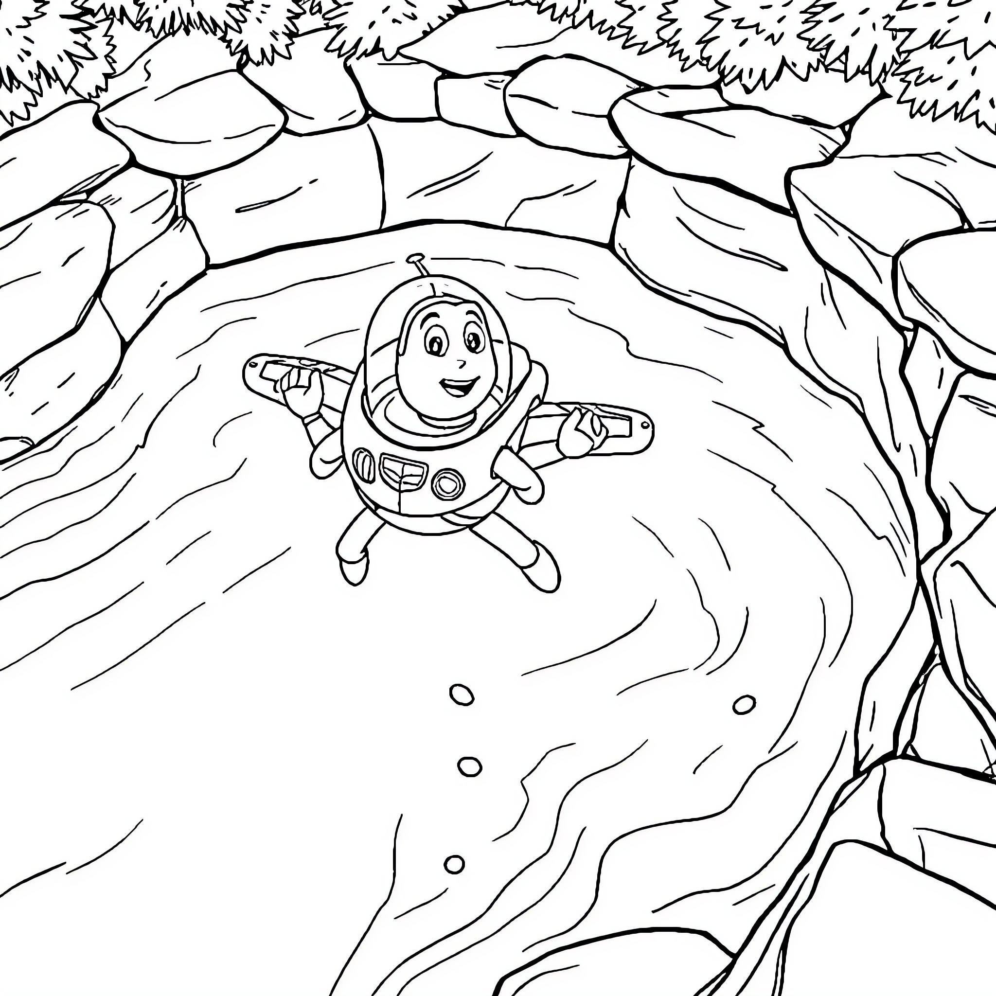 Buzz Lightyear exploring an alien planet Coloring Page (free black-and-white line drawing printable PDF for all, from beginners to advanced learners, including children, teens, adults, and seniors)