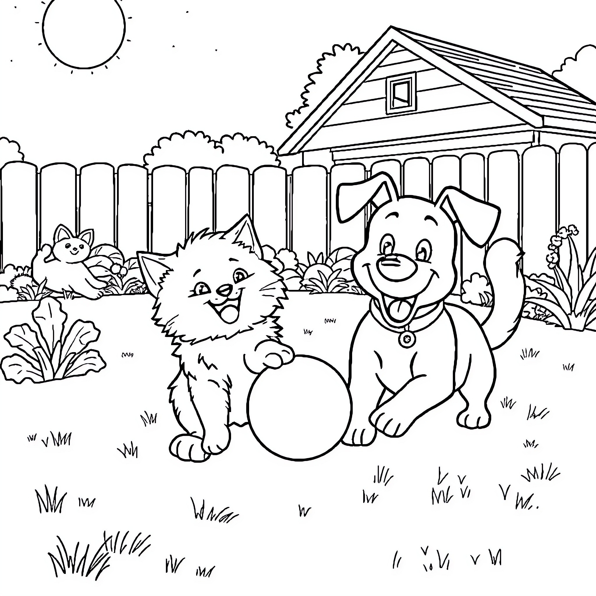 Cat and dog playing in the backyard Coloring Page (free black-and-white line drawing printable PDF for all, from beginners to advanced learners, including children, teens, adults, and seniors)