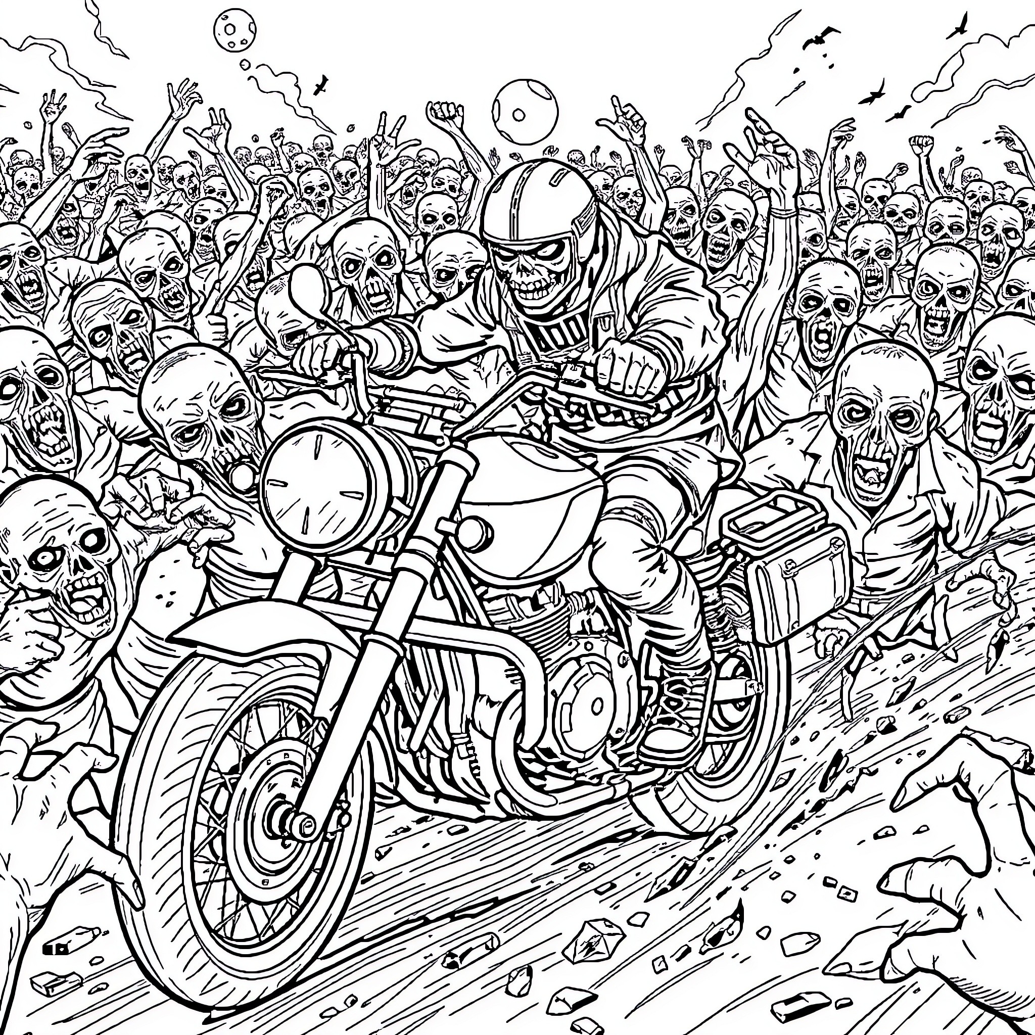 Hunter speeding through the zombie horde on a motorcycle Coloring Page (free black-and-white line drawing printable PDF for all, from beginners to advanced learners, including children, teens, adults, and seniors)