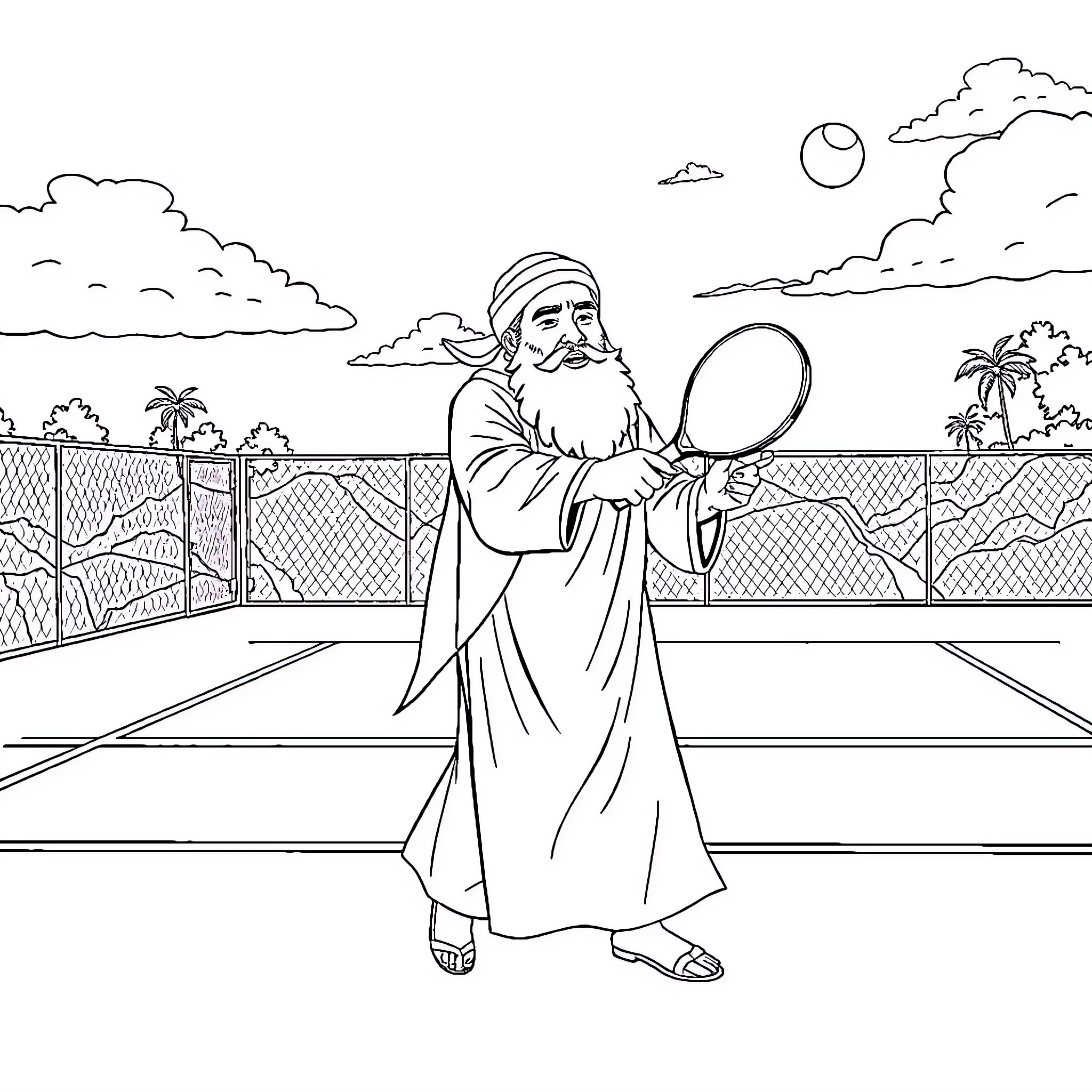 Rumi's Thoughtful Contemplation in a Serene Setting Coloring Page (free black-and-white line drawing printable PDF for all, from beginners to advanced learners, including children, teens, adults, and seniors)