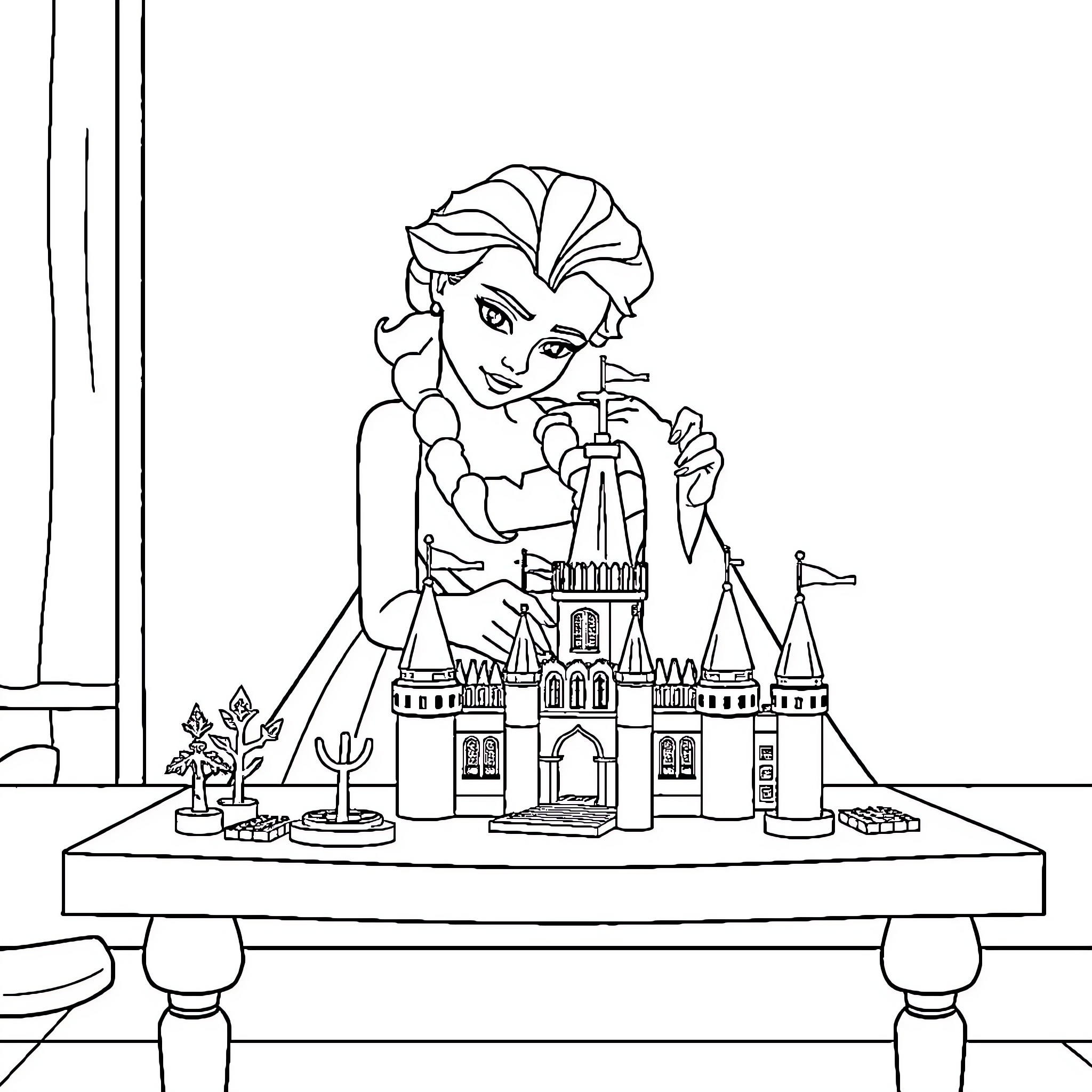 Elsa admiring her castle toy in the room Coloring Page (free black-and-white line drawing printable PDF for all, from beginners to advanced learners, including children, teens, adults, and seniors)