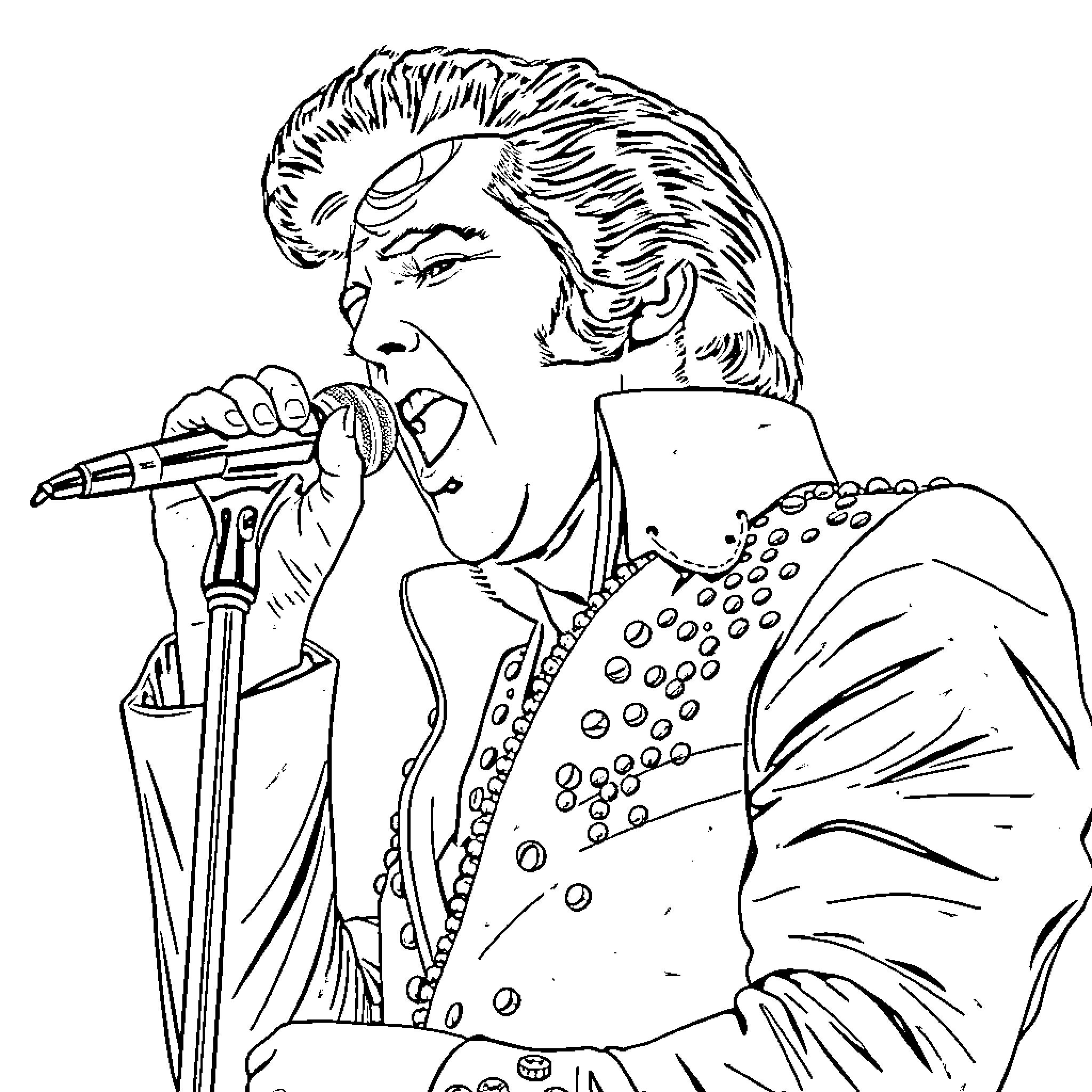 Elvis Performing on Stage with Passion Coloring Page (free black-and-white line drawing printable PDF for all, from beginners to advanced learners, including children, teens, adults, and seniors)