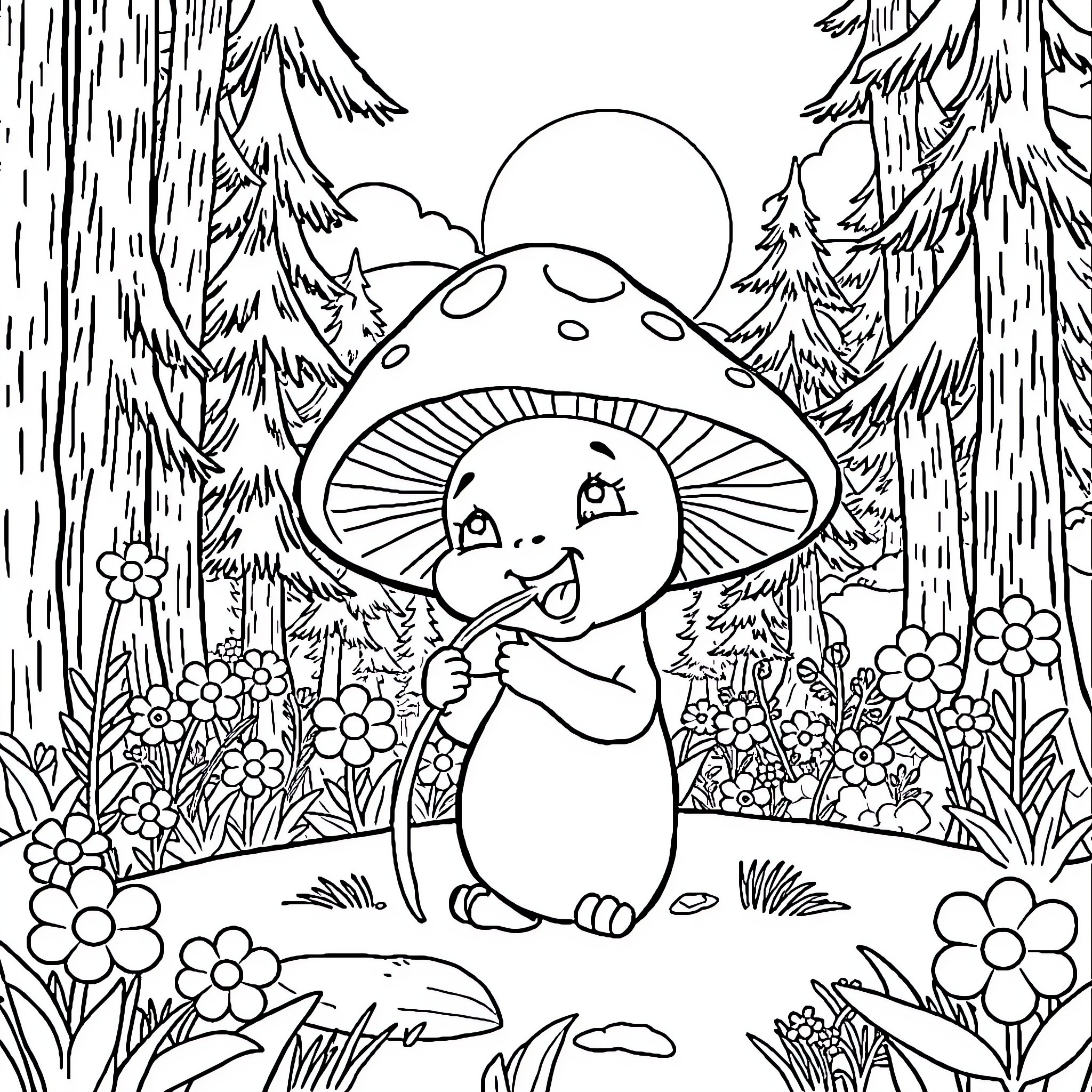 Mushroom creature exploring whimsical forest landscape Coloring Page (free black-and-white line drawing printable PDF for all, from beginners to advanced learners, including children, teens, adults, and seniors)