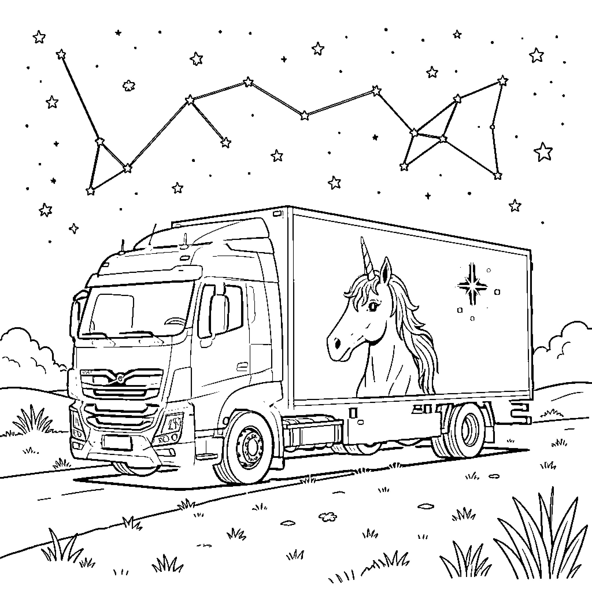Unicorn riding on a delivery truck in the starry night Coloring Page (free black-and-white line drawing printable PDF for all, from beginners to advanced learners, including children, teens, adults, and seniors)