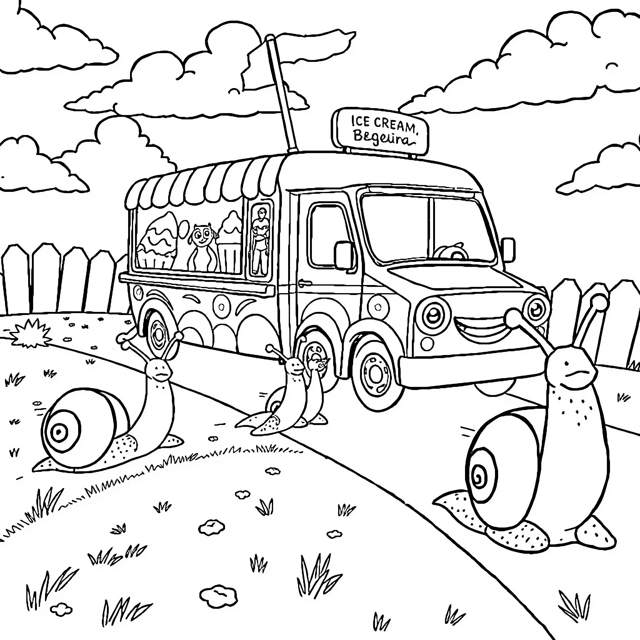 Snail visiting the ice cream truck in the countryside Coloring Page (free black-and-white line drawing printable PDF for all, from beginners to advanced learners, including children, teens, adults, and seniors)