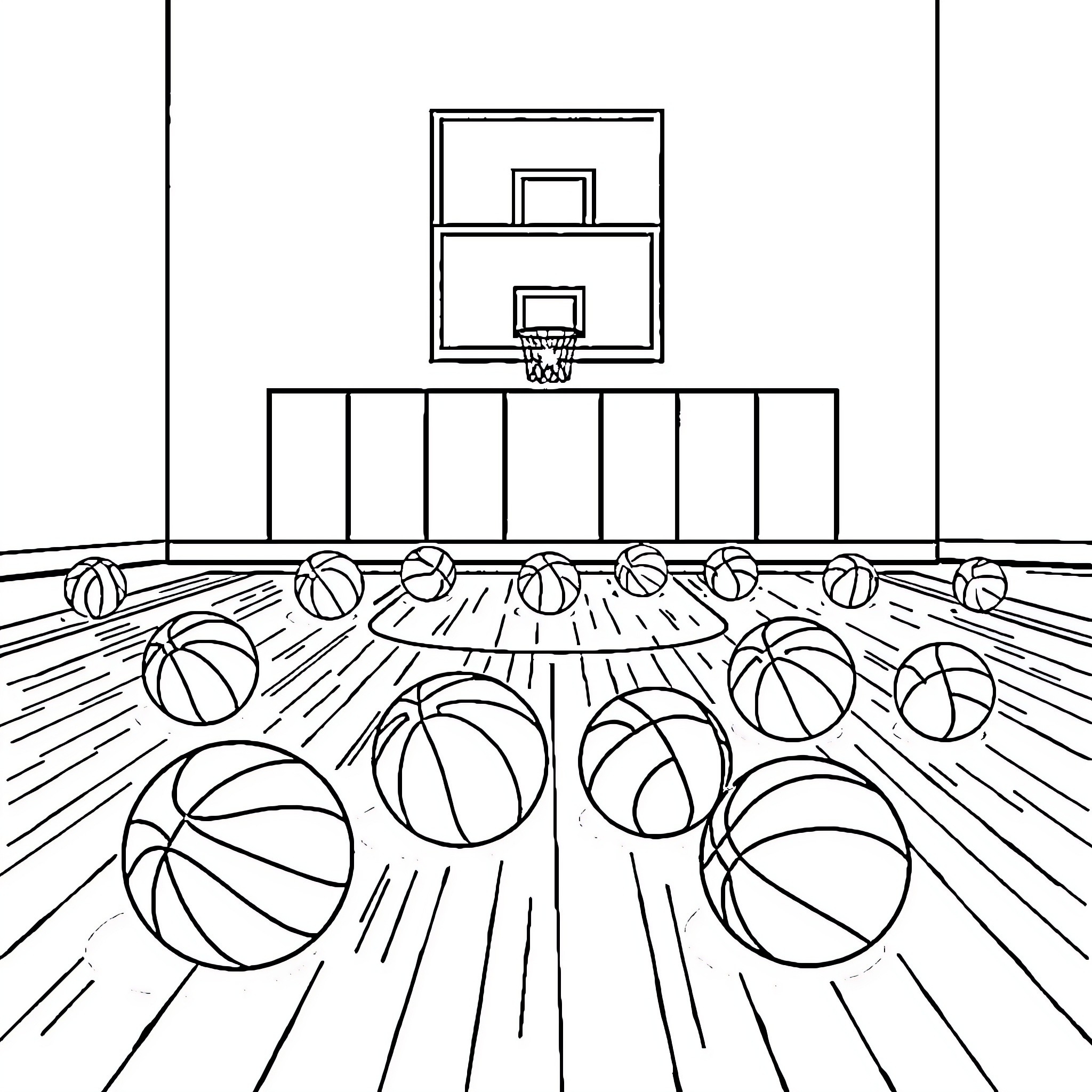 Basketball court with scattered balls Coloring Page (free black-and-white line drawing printable PDF for all, from beginners to advanced learners, including children, teens, adults, and seniors)