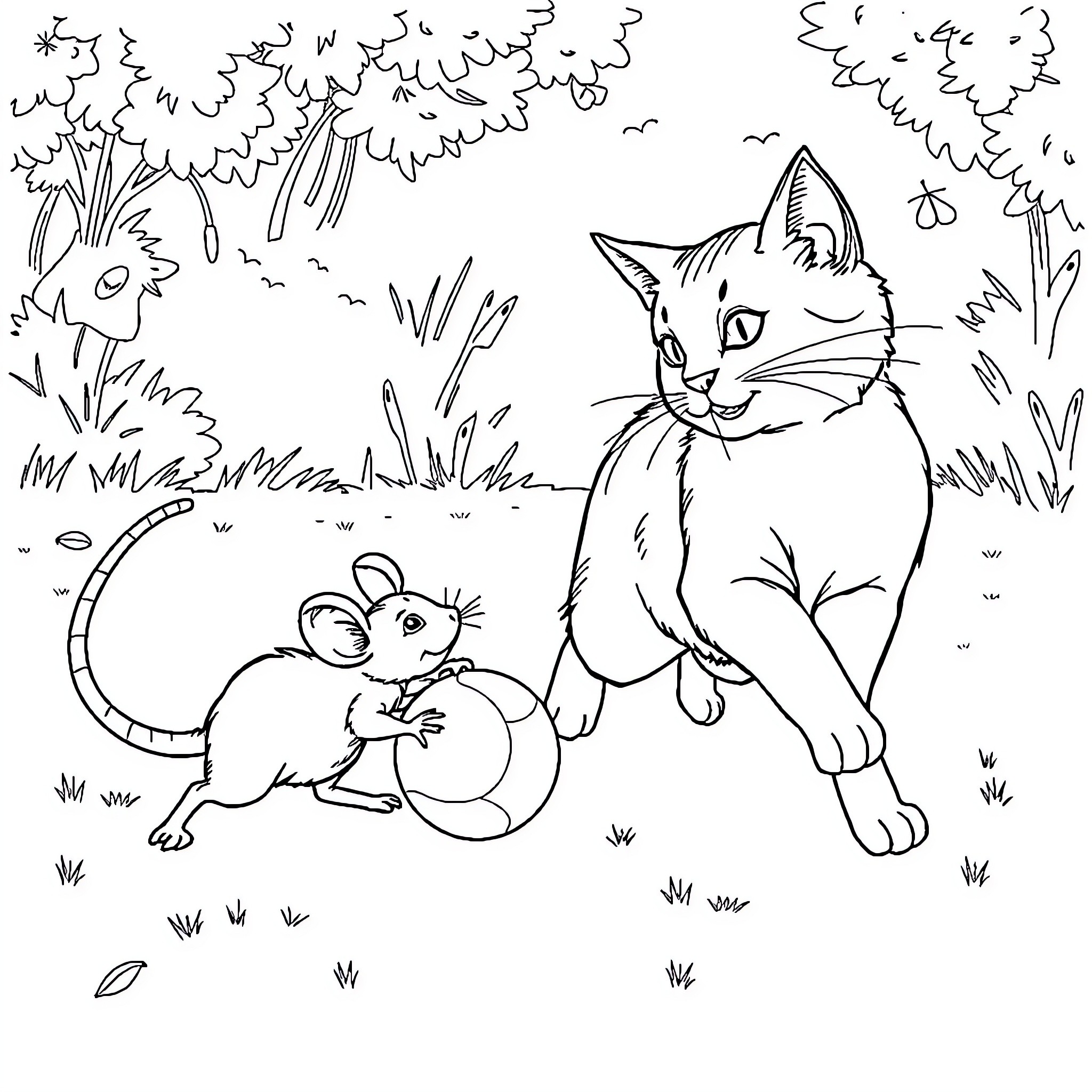Gato encounters curious mouse in forest Coloring Page (free black-and-white line drawing printable PDF for all, from beginners to advanced learners, including children, teens, adults, and seniors)