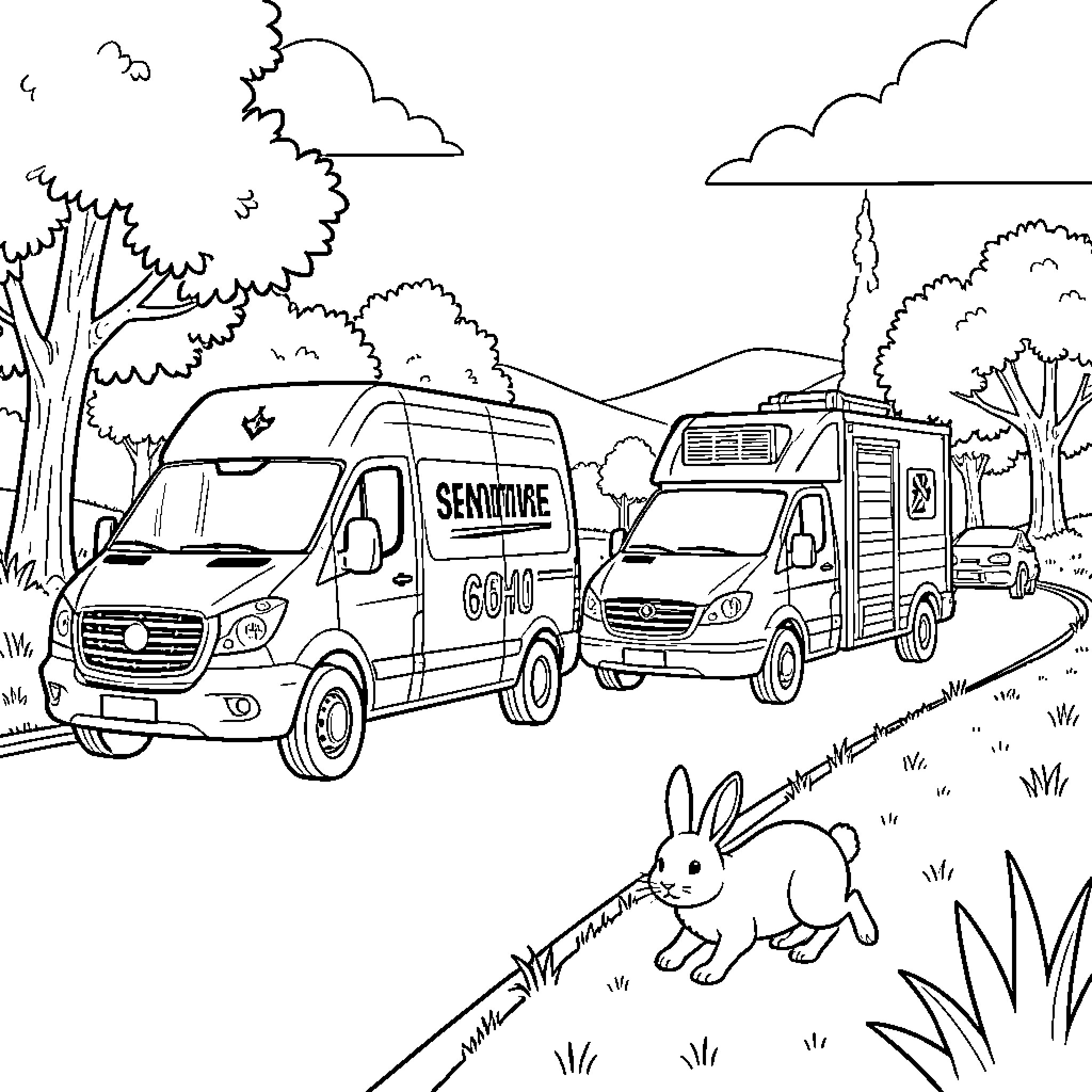 Service Vehicle driving along a scenic road with a rabbit Coloring Page (free black-and-white line drawing printable PDF for all, from beginners to advanced learners, including children, teens, adults, and seniors)