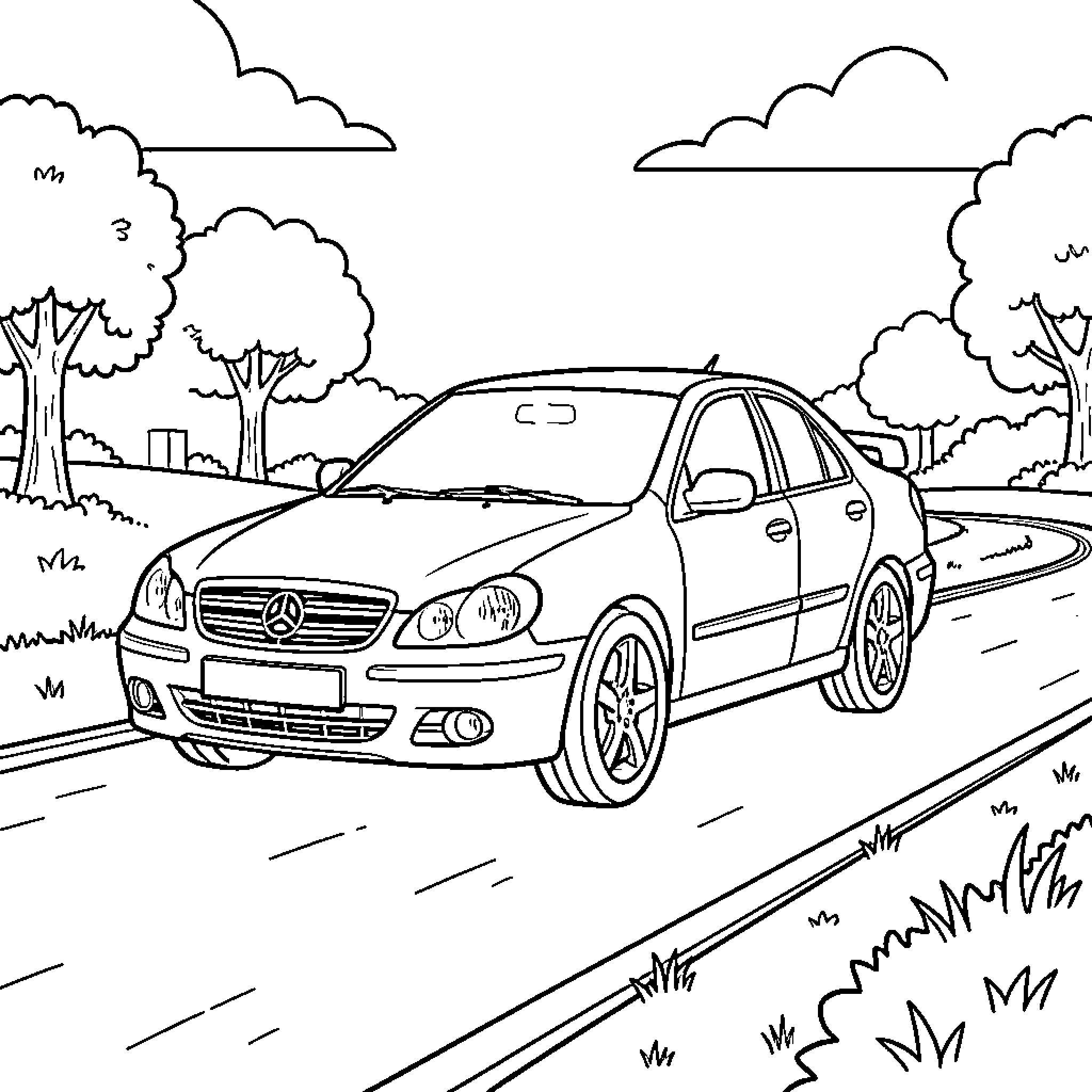 Car driving smoothly along a scenic road Coloring Page (free black-and-white line drawing printable PDF for all, from beginners to advanced learners, including children, teens, adults, and seniors)