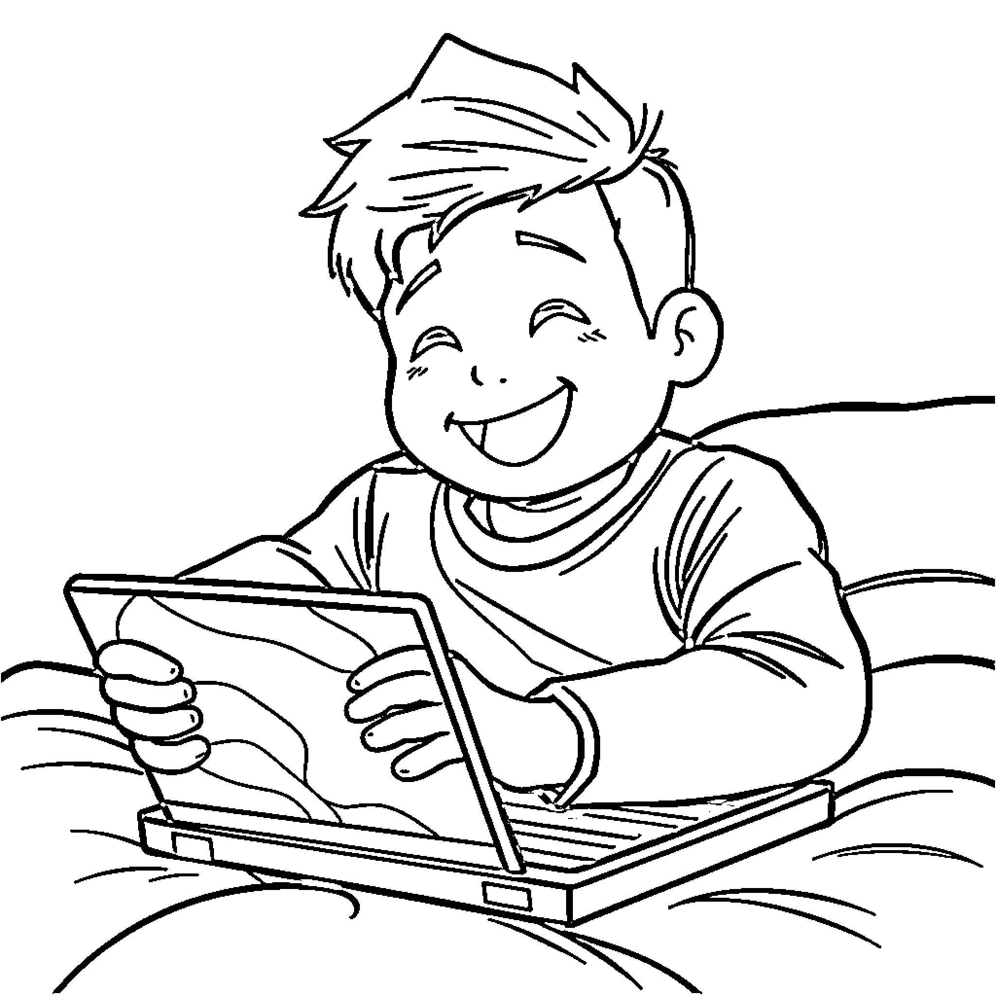Kid happily using laptop computer Coloring Page (free black-and-white line drawing printable PDF for all, from beginners to advanced learners, including children, teens, adults, and seniors)