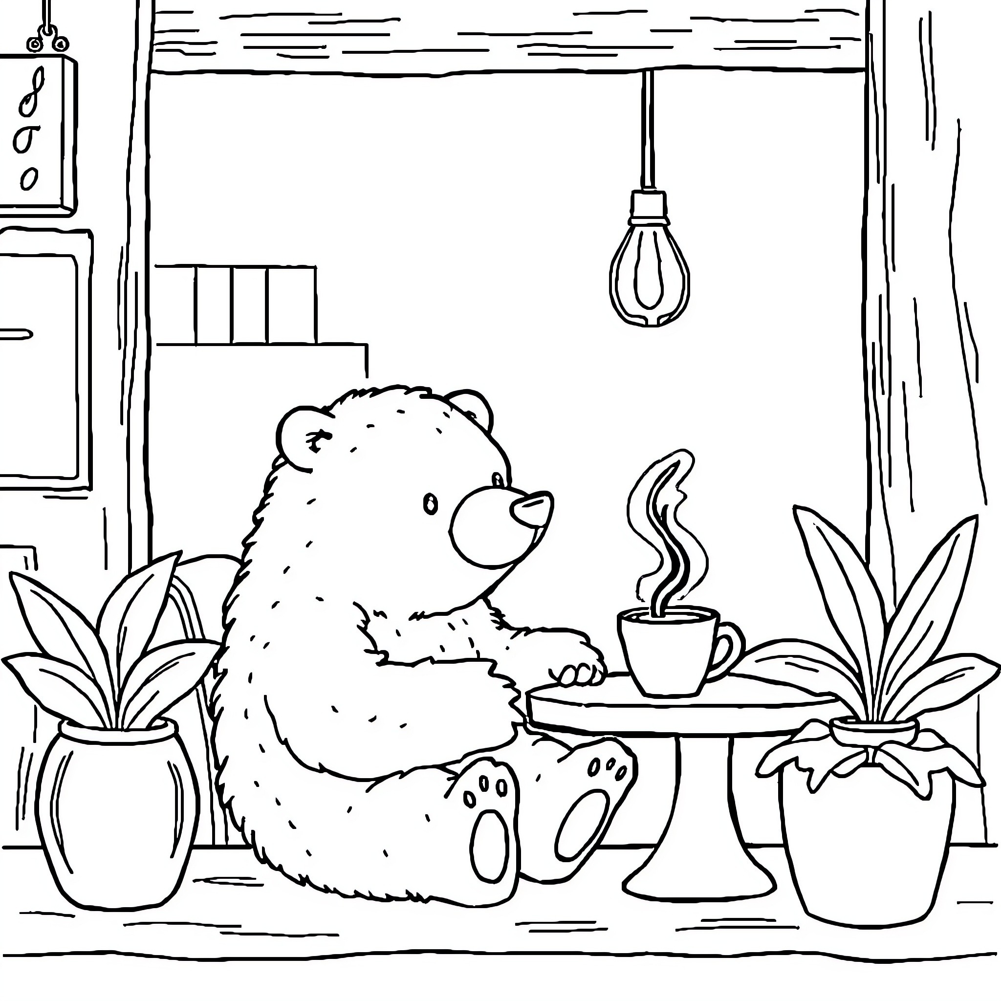 Polar Bear relaxing with a warm drink Coloring Page (free black-and-white line drawing printable PDF for all, from beginners to advanced learners, including children, teens, adults, and seniors)