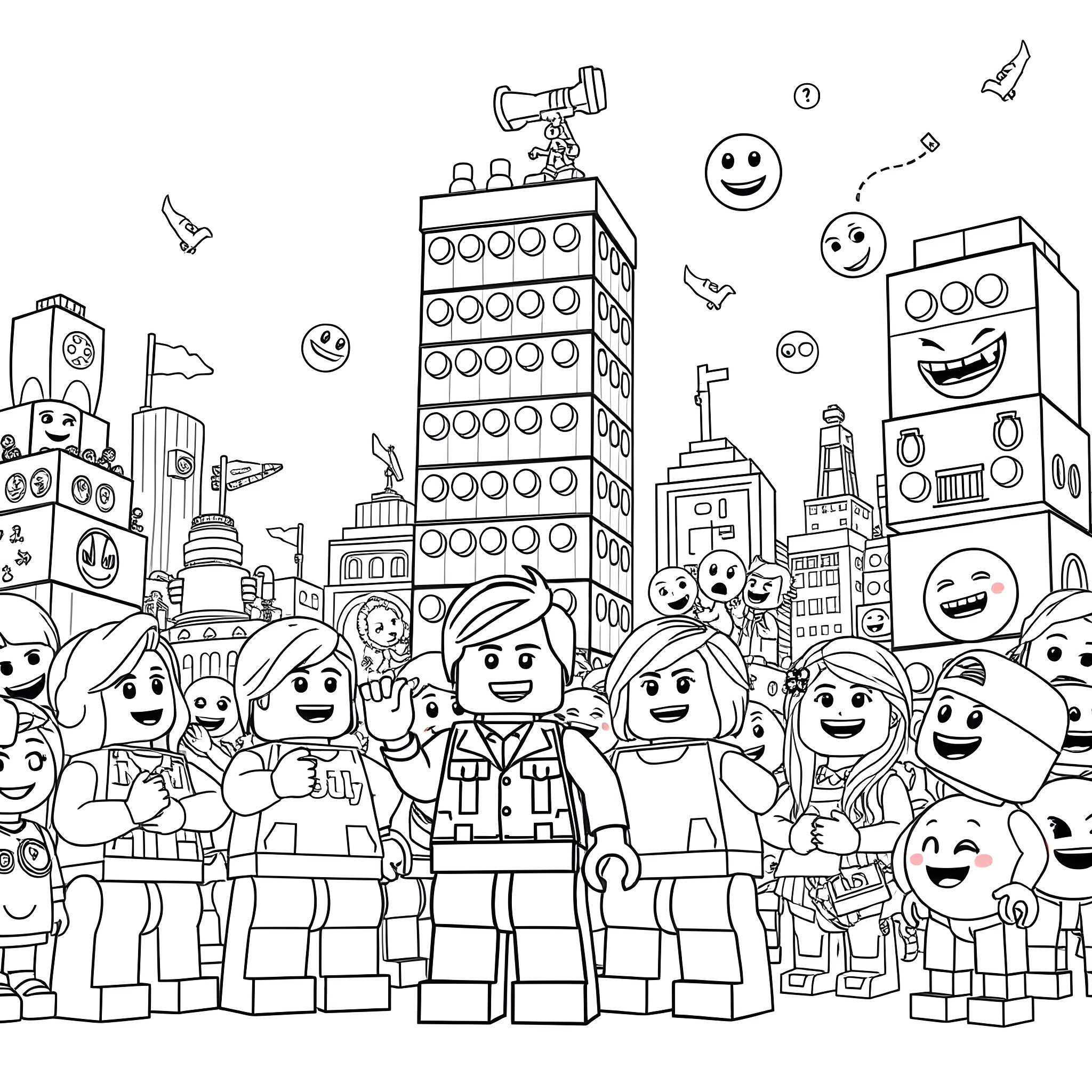Lego Movie Characters in Playful Cityscape Coloring Page (free black-and-white line drawing printable PDF for all, from beginners to advanced learners, including children, teens, adults, and seniors)