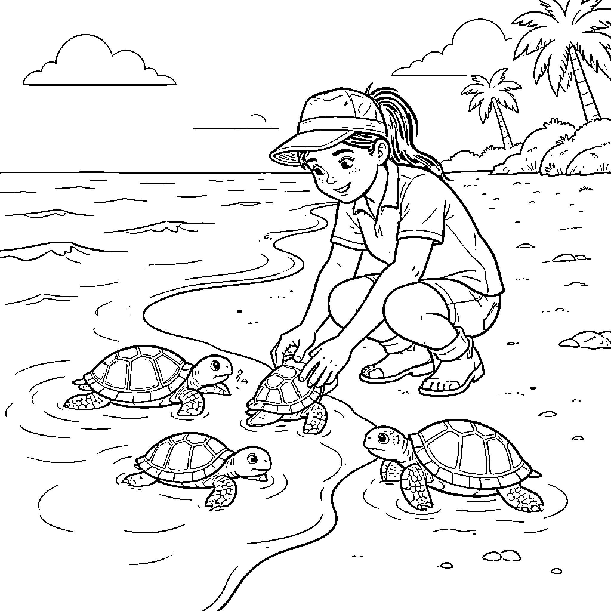 Turtle carer interacting with rescued turtles on the beach Coloring Page (free black-and-white line drawing printable PDF for all, from beginners to advanced learners, including children, teens, adults, and seniors)