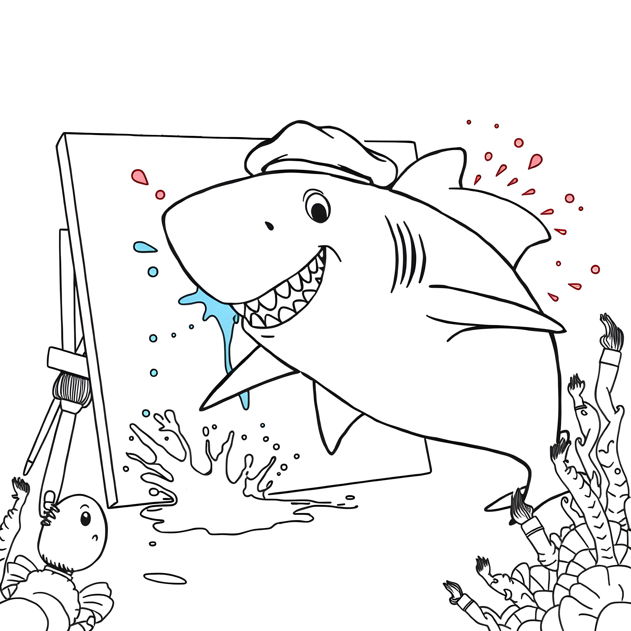 Shark paints colorful underwater scene on canvas Coloring Page (free black-and-white line drawing printable PDF for all, from beginners to advanced learners, including children, teens, adults, and seniors)