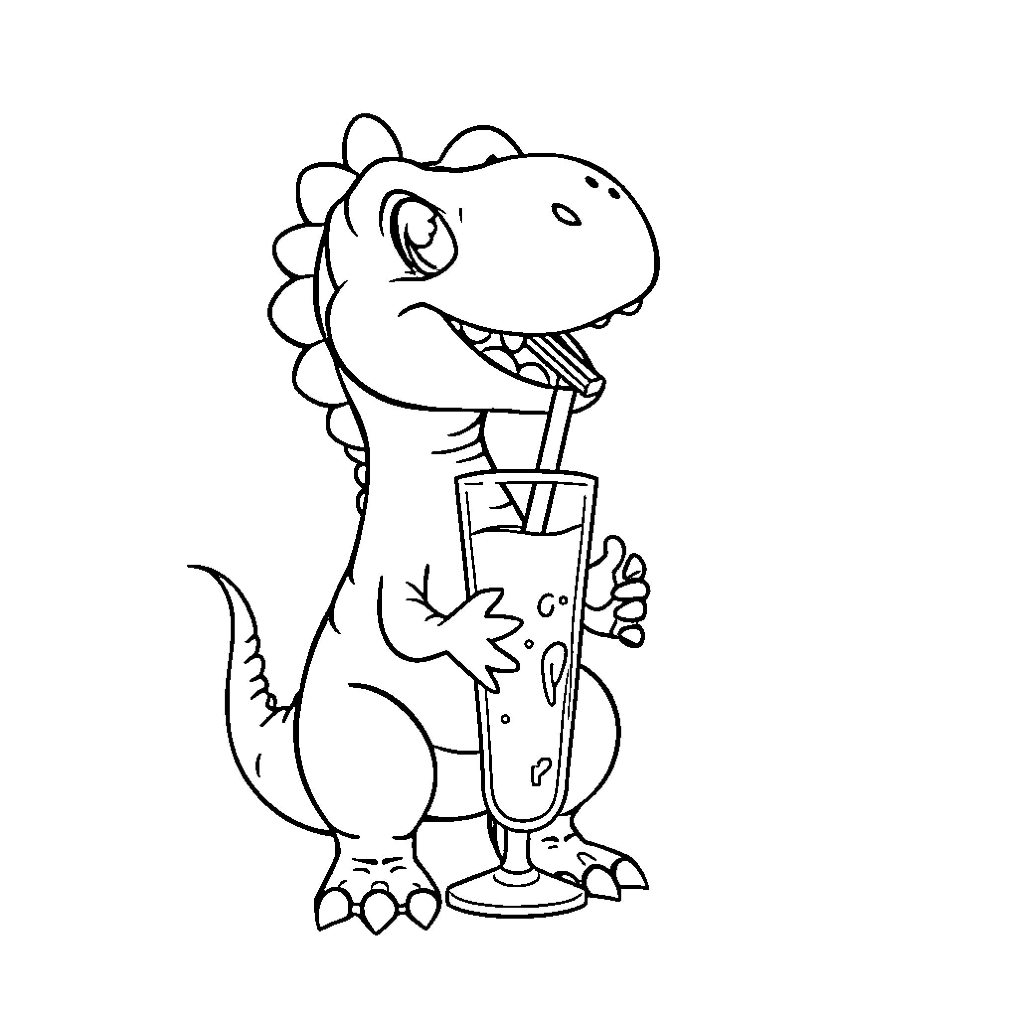 T-Rex enjoying a refreshing drink Coloring Page (free black-and-white line drawing printable PDF for all, from beginners to advanced learners, including children, teens, adults, and seniors)