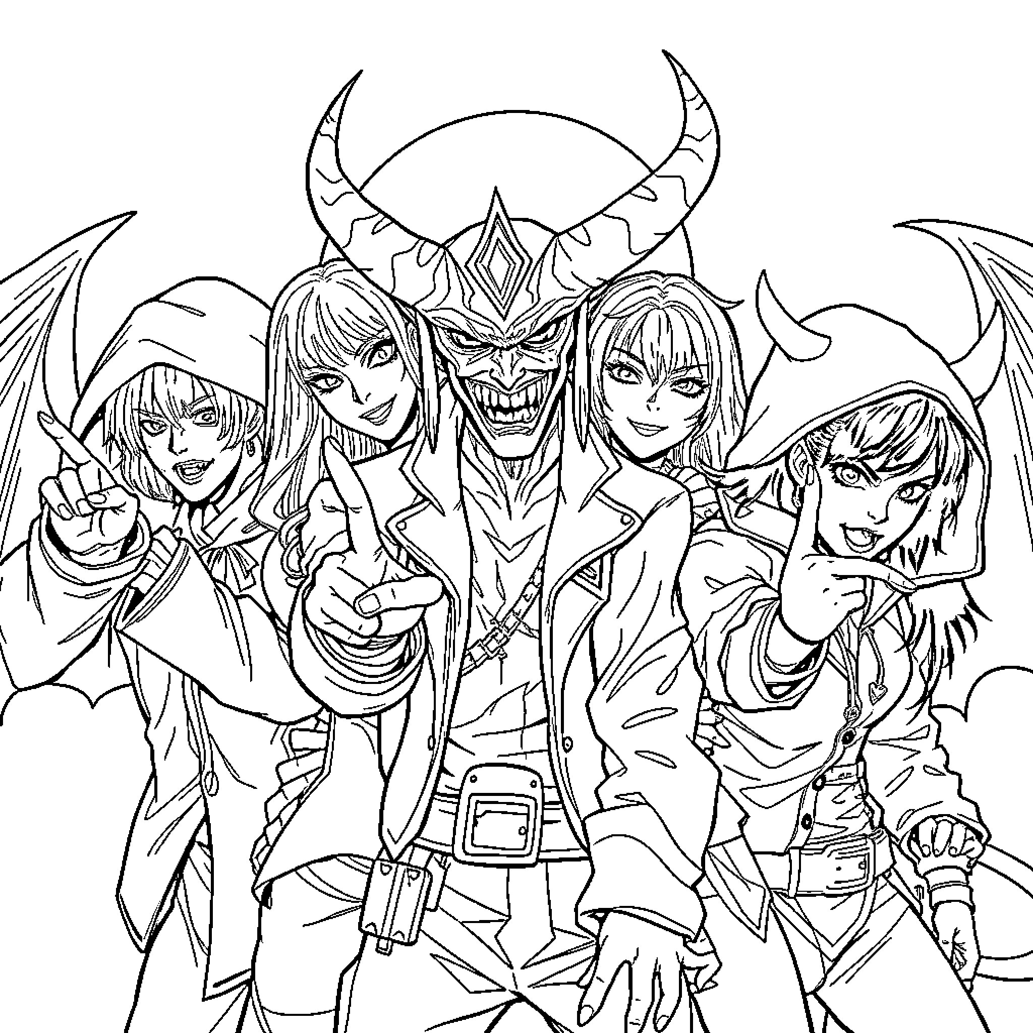 Demon Hunter Trio with Monstrous Personas Coloring Page (free black-and-white line drawing printable PDF for all, from beginners to advanced learners, including children, teens, adults, and seniors)