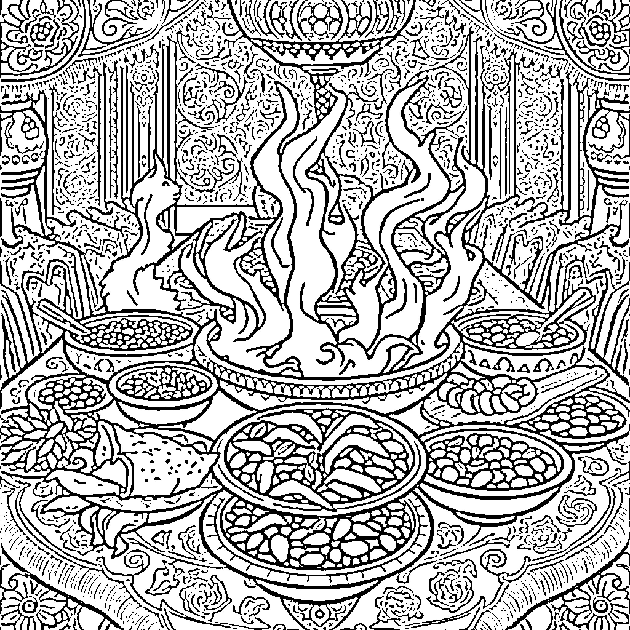 Persian Cooking - Intricate Culinary Scene Coloring Page (free black-and-white line drawing printable PDF for all, from beginners to advanced learners, including children, teens, adults, and seniors)