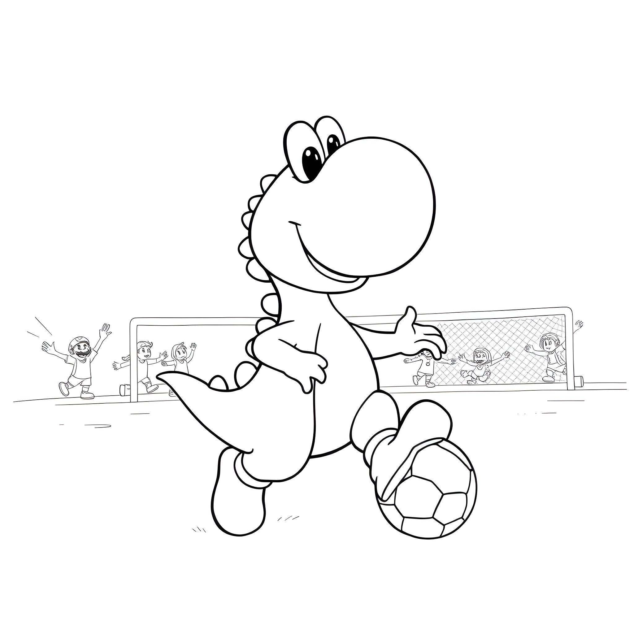 Yoshi playing with a soccer ball in the park Coloring Page (free black-and-white line drawing printable PDF for all, from beginners to advanced learners, including children, teens, adults, and seniors)