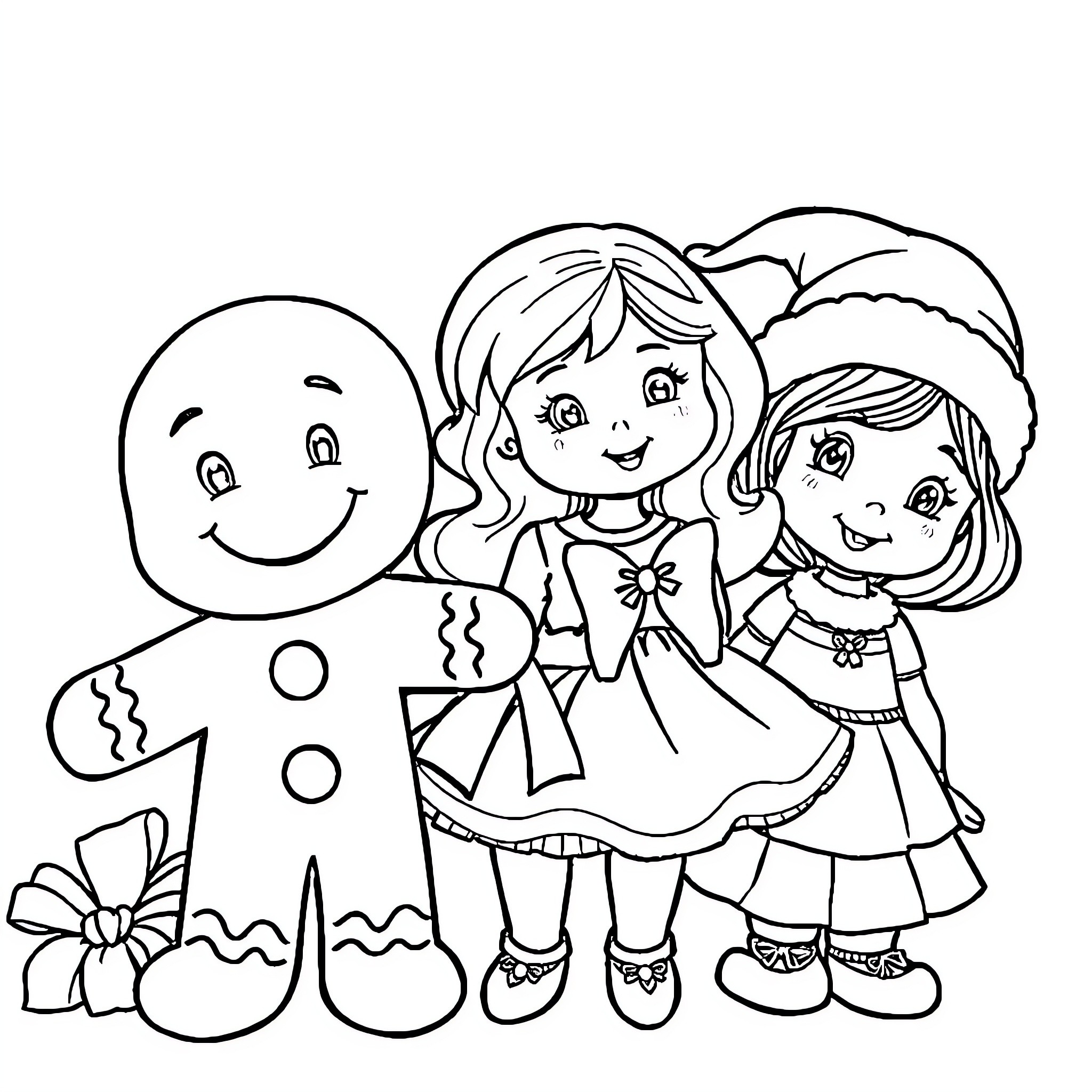 Gingerbread characters in festive outfits Coloring Page (free black-and-white line drawing printable PDF for all, from beginners to advanced learners, including children, teens, adults, and seniors)