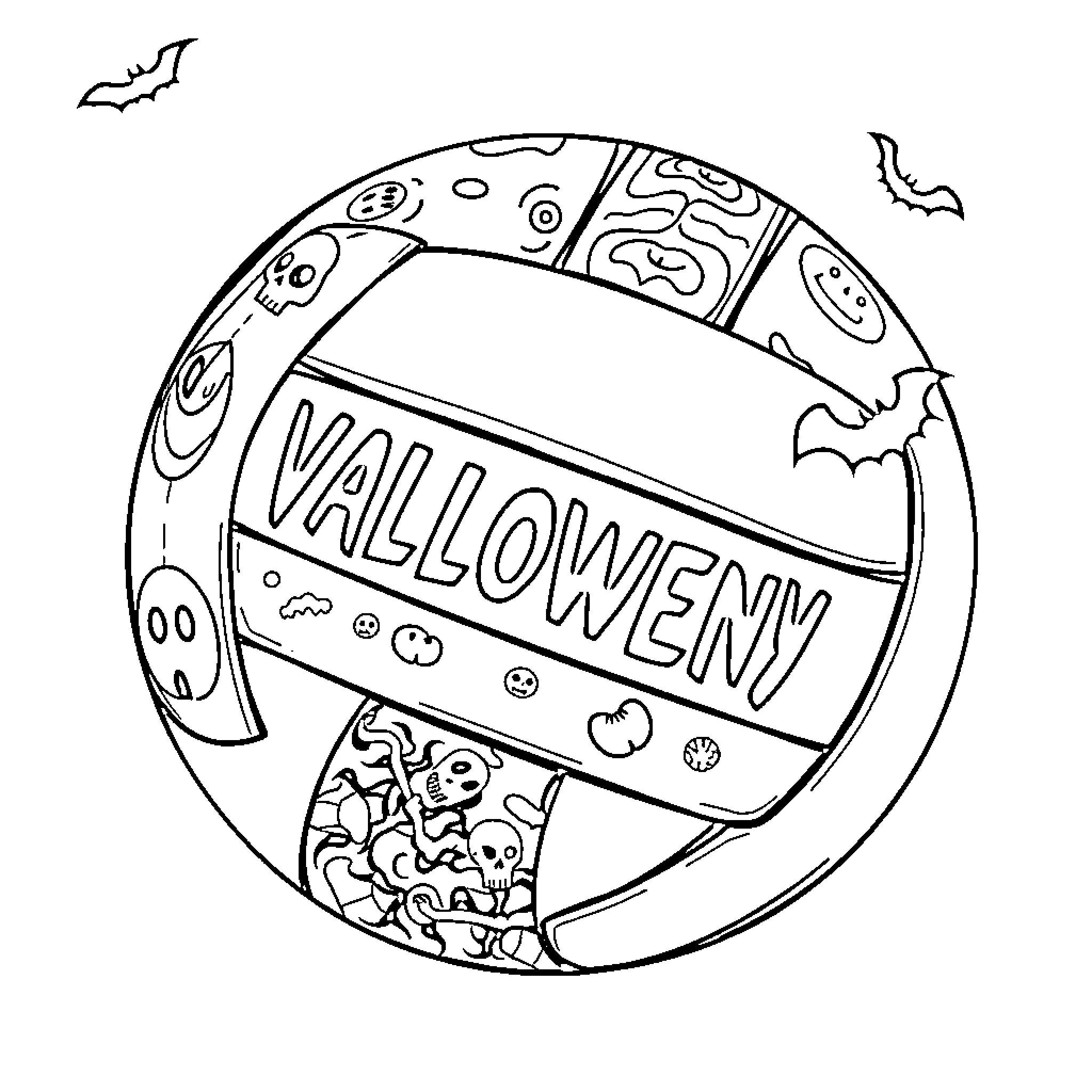 Volleyball with Halloween theme Coloring Page (free black-and-white line drawing printable PDF for all, from beginners to advanced learners, including children, teens, adults, and seniors)