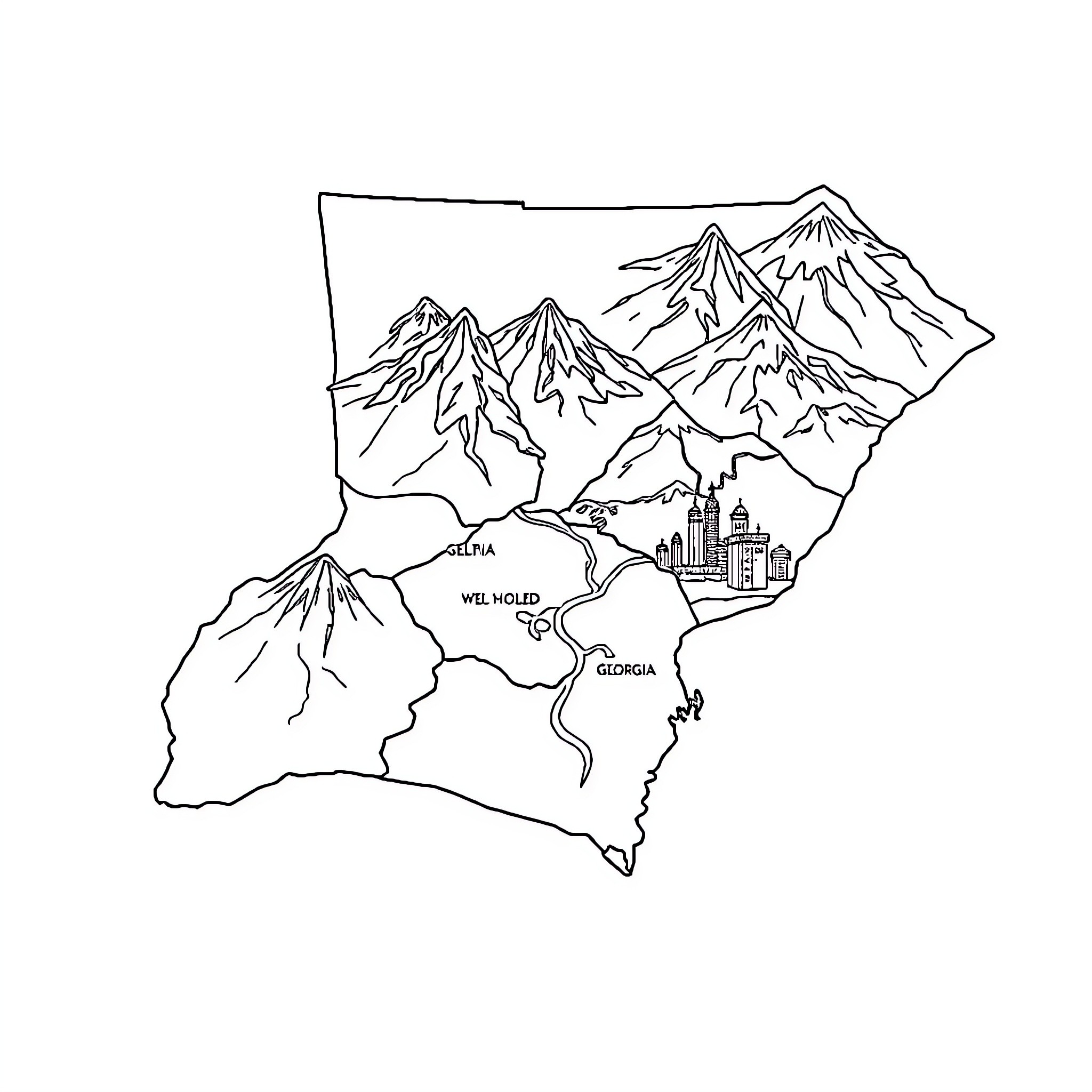 Region with Mountainous Landscape and Map Landmarks Coloring Page (free black-and-white line drawing printable PDF for all, from beginners to advanced learners, including children, teens, adults, and seniors)