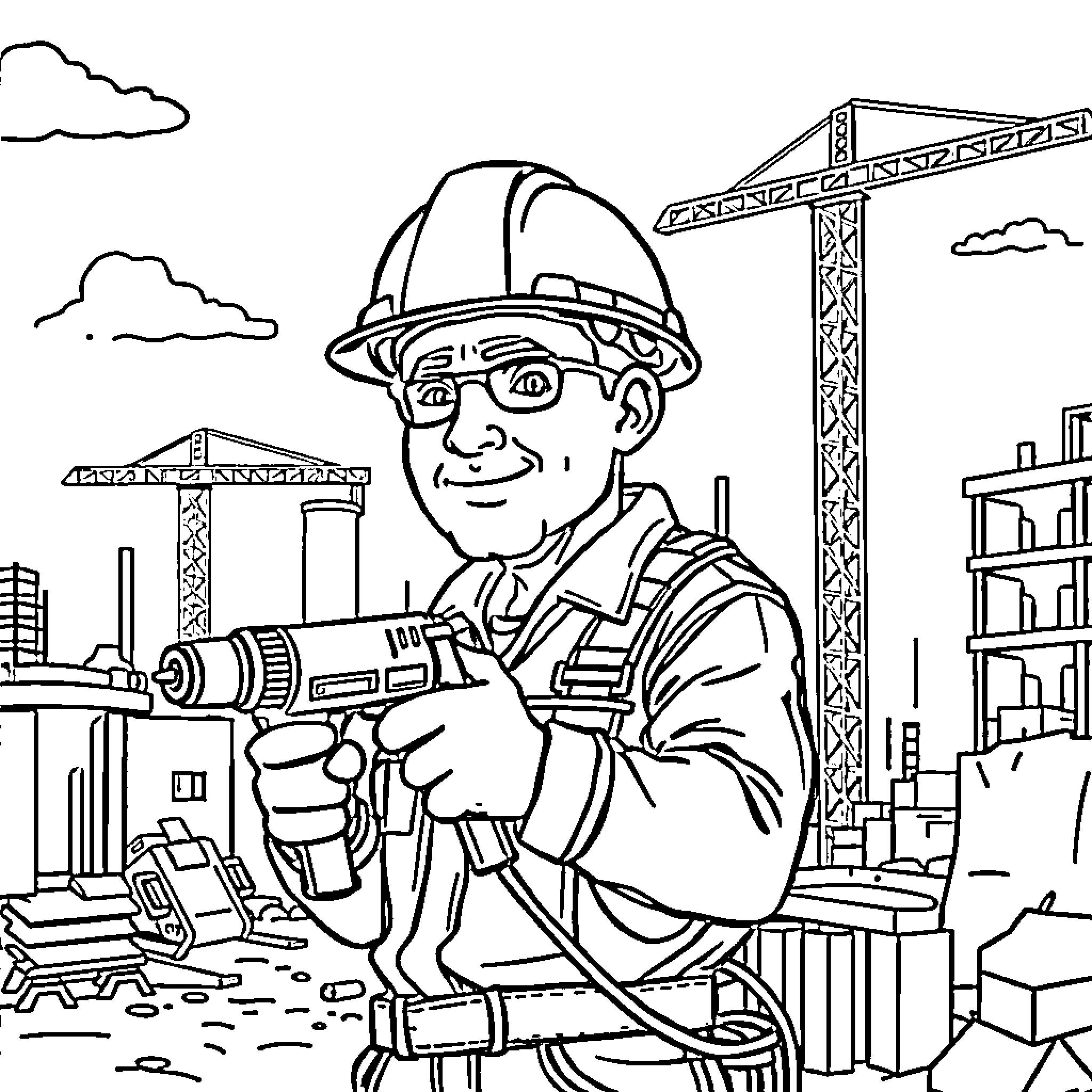 Construction Worker Operating Power Tool on Construction Site Coloring Page (free black-and-white line drawing printable PDF for all, from beginners to advanced learners, including children, teens, adults, and seniors)