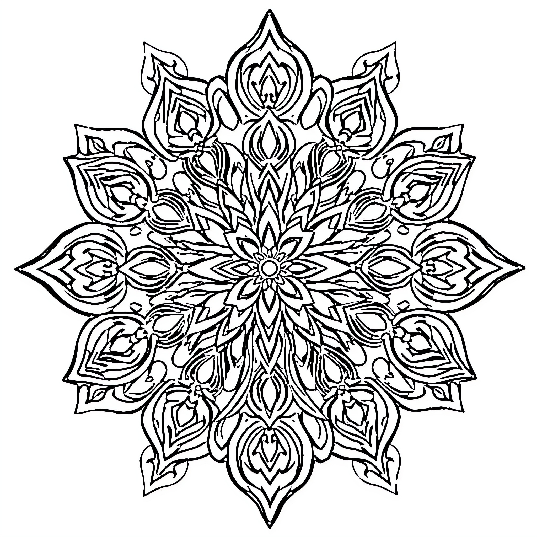 Tree Mandala Floral Design Pattern Coloring Page (free black-and-white line drawing printable PDF for all, from beginners to advanced learners, including children, teens, adults, and seniors)