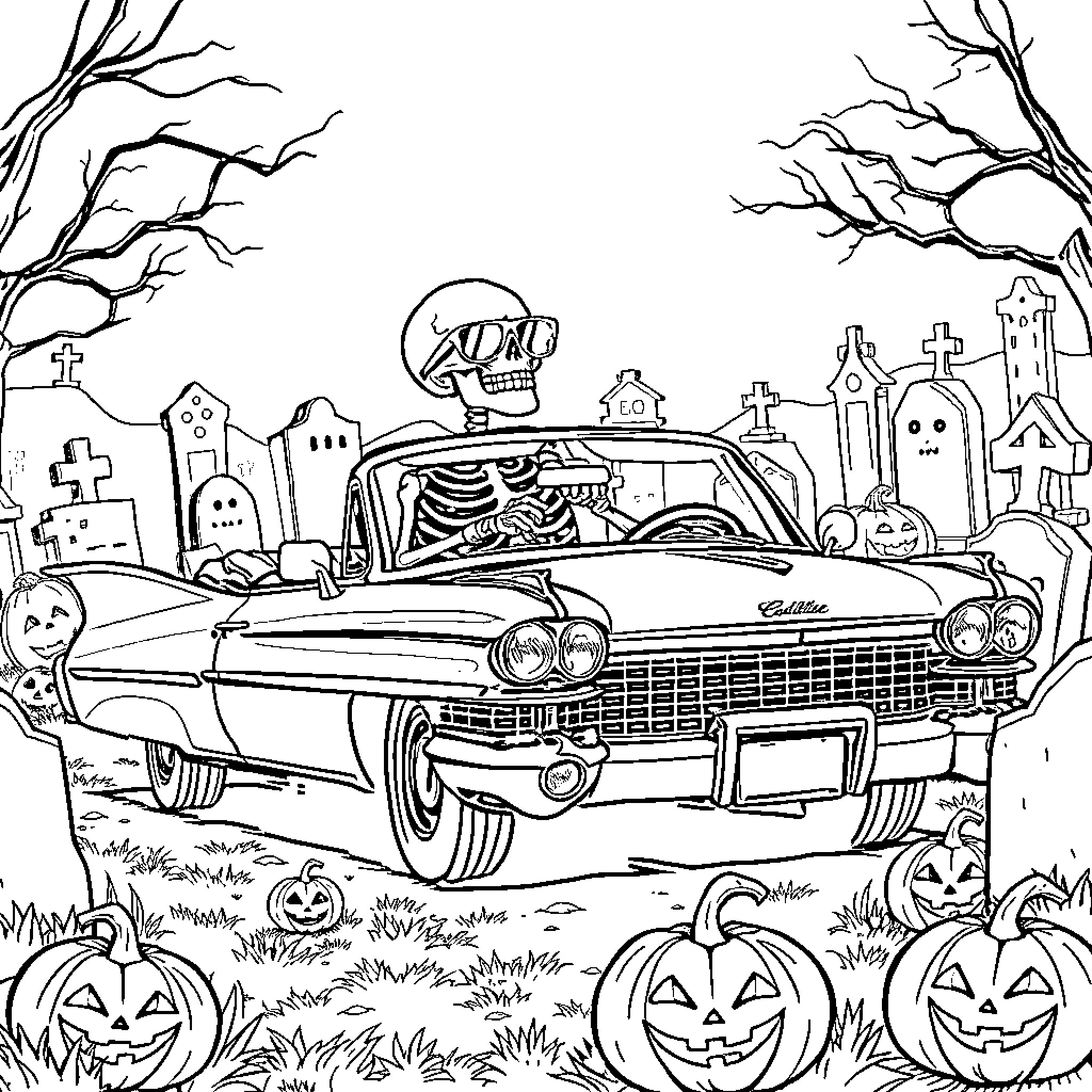 Skeleton Driving Vintage Car Through Haunting Graveyard Coloring Page (free black-and-white line drawing printable PDF for all, from beginners to advanced learners, including children, teens, adults, and seniors)