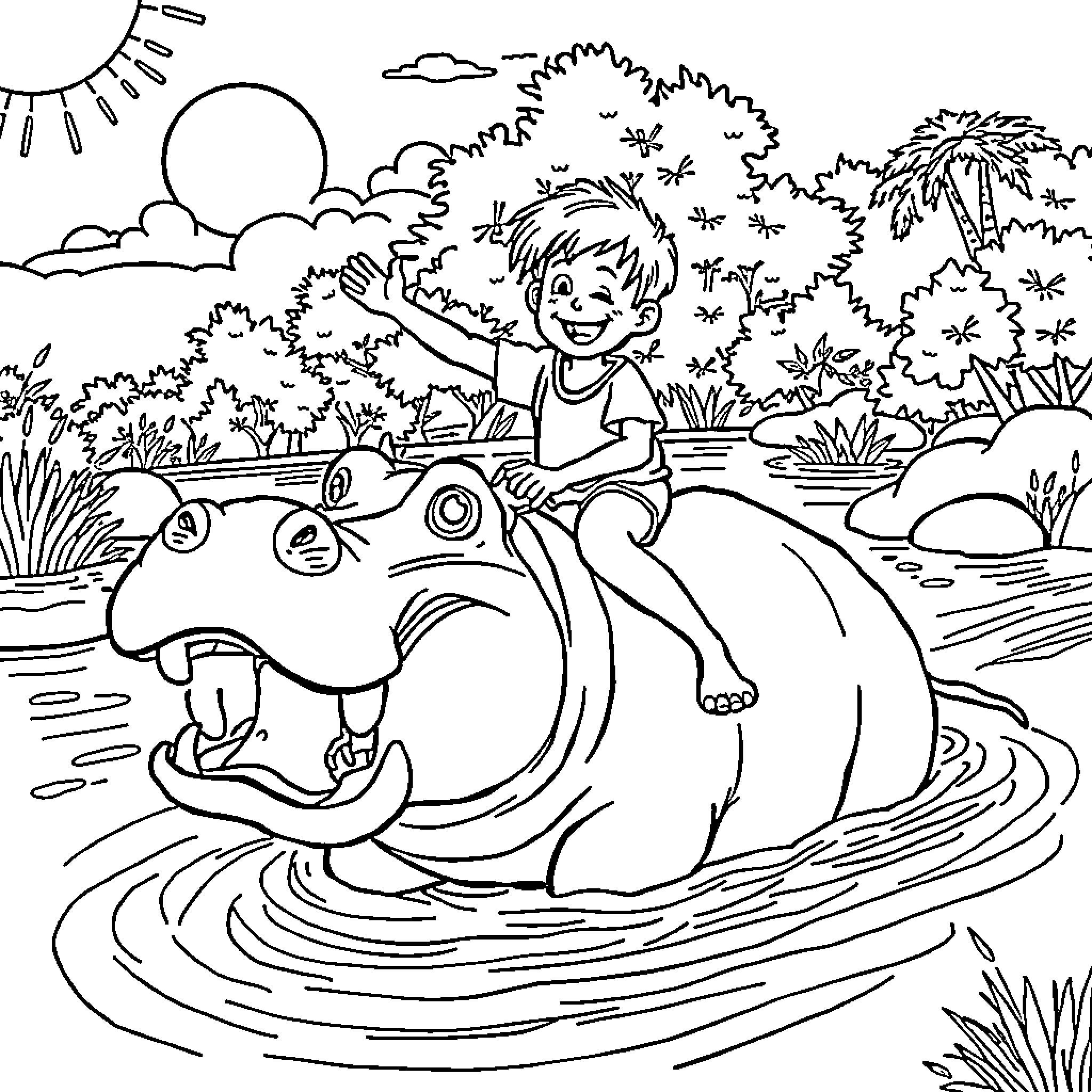 Boy riding a happy hippo in the jungle Coloring Page (free black-and-white line drawing printable PDF for all, from beginners to advanced learners, including children, teens, adults, and seniors)