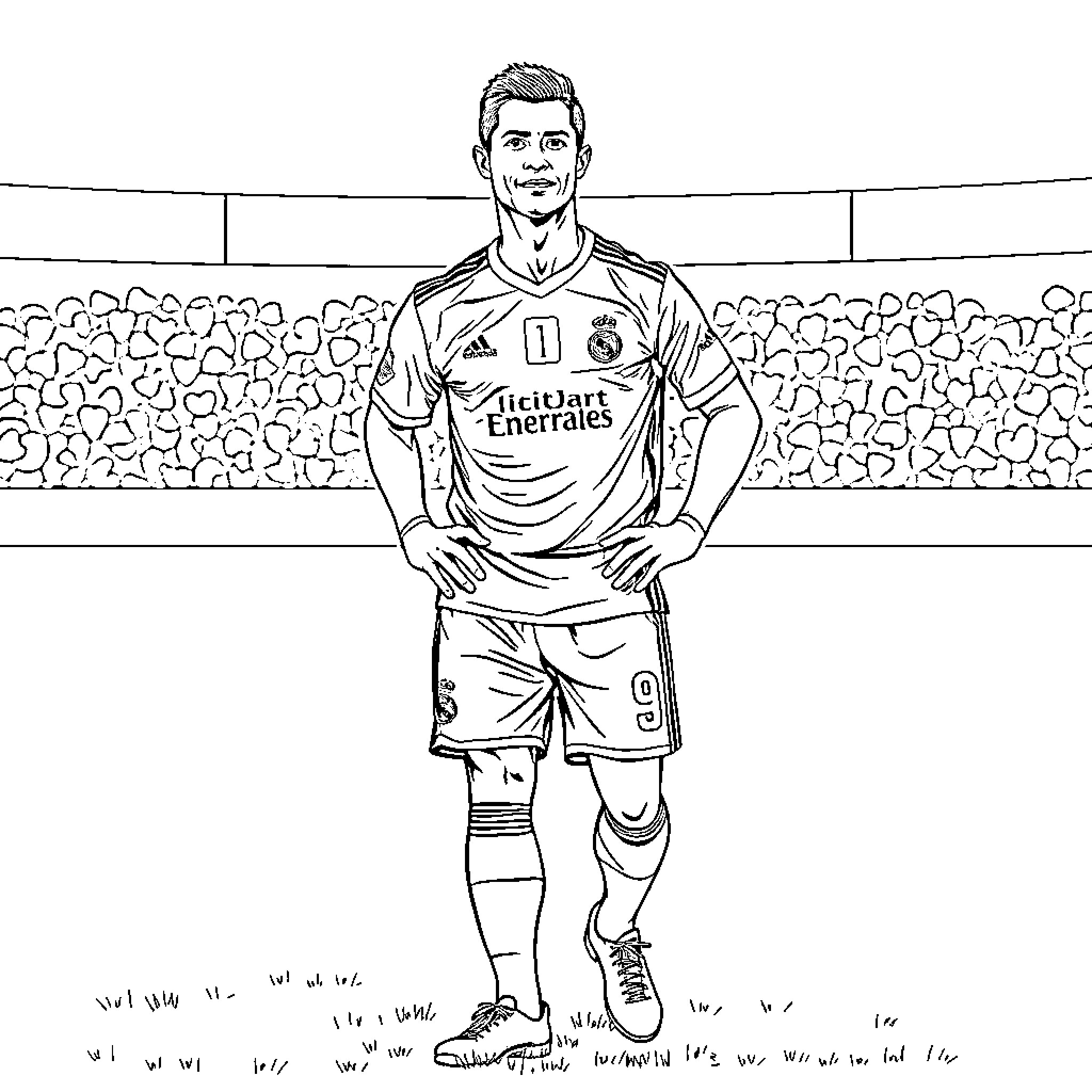 Cristiano Ronaldo Standing Confidently on Soccer Field Coloring Page (free black-and-white line drawing printable PDF for all, from beginners to advanced learners, including children, teens, adults, and seniors)