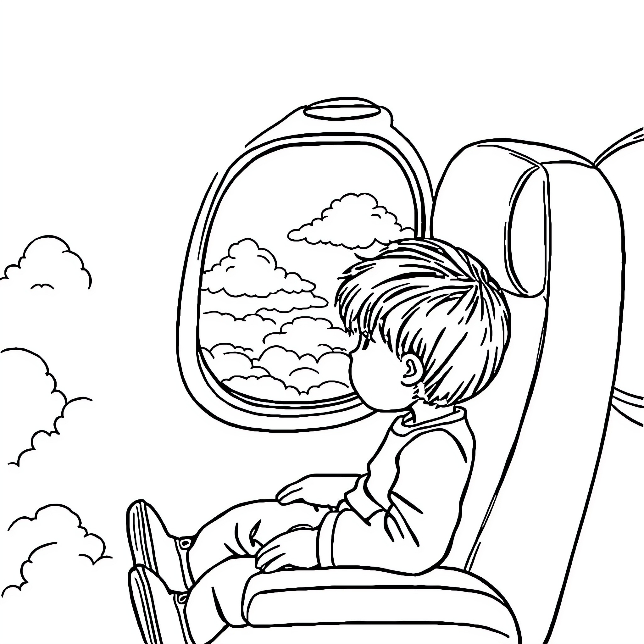 Boy looking out of airplane window Coloring Page (free black-and-white line drawing printable PDF for all, from beginners to advanced learners, including children, teens, adults, and seniors)