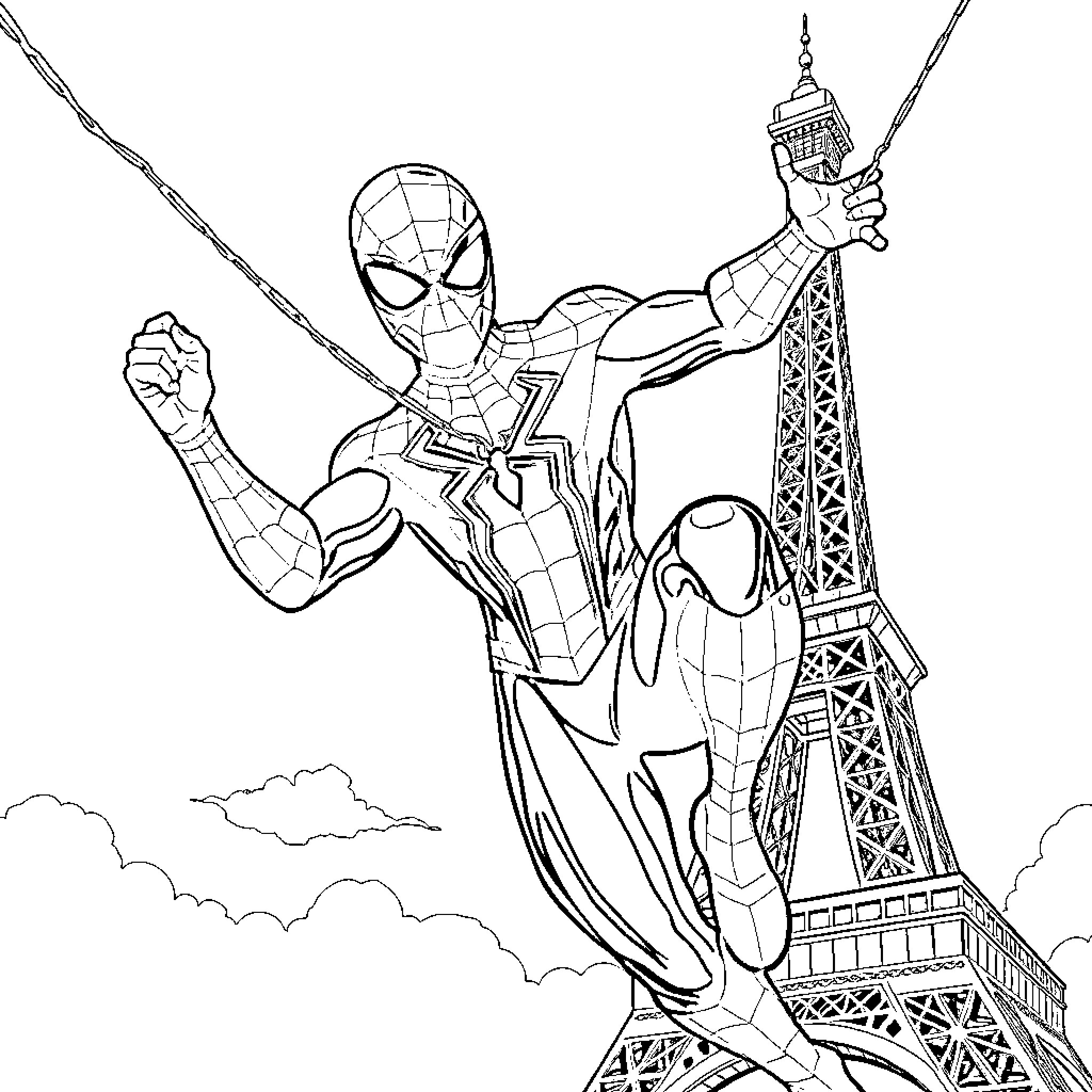 Spiderman swinging heroically near the Eiffel Tower Coloring Page (free black-and-white line drawing printable PDF for all, from beginners to advanced learners, including children, teens, adults, and seniors)