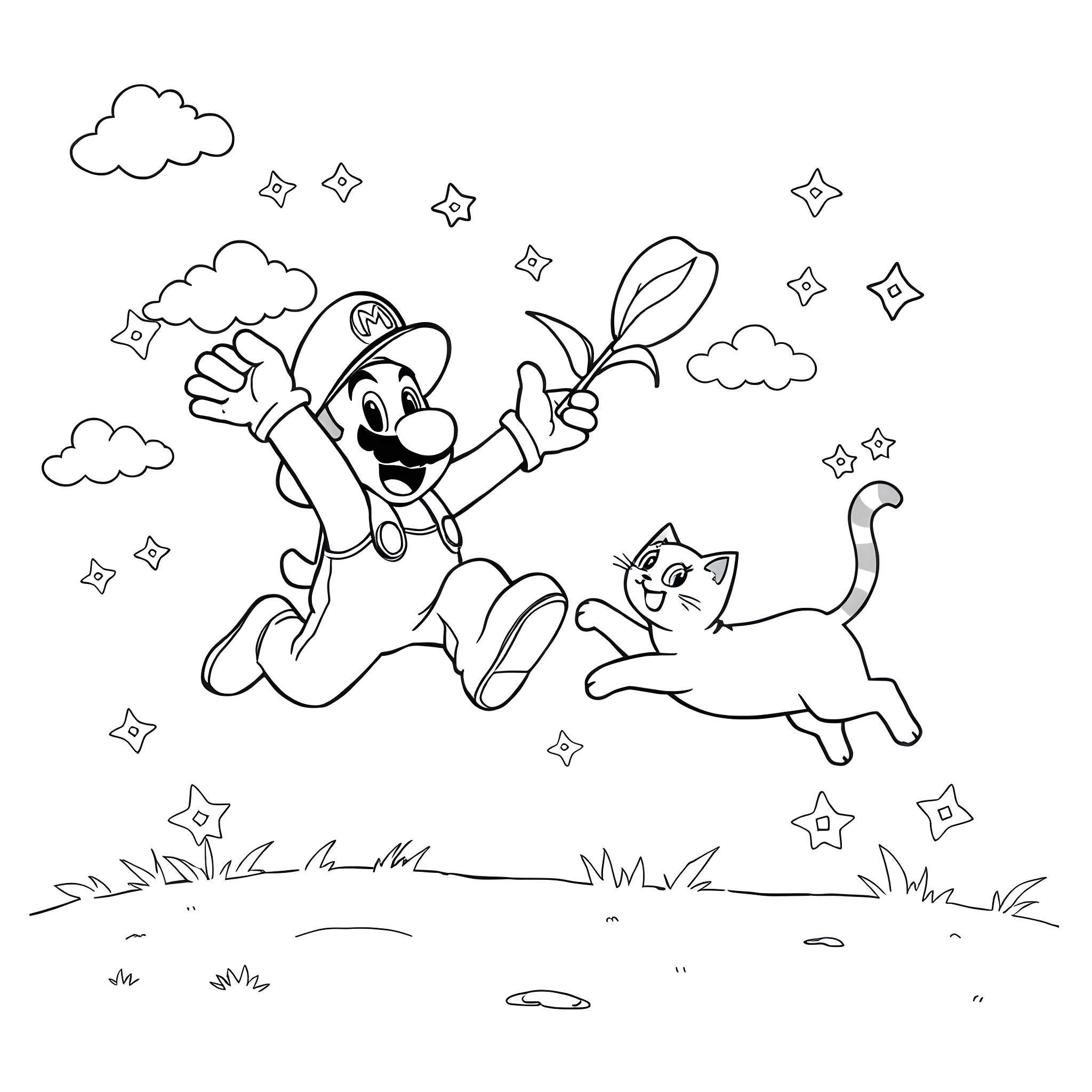 Cat and character chasing after a shooting star Coloring Page (free black-and-white line drawing printable PDF for all, from beginners to advanced learners, including children, teens, adults, and seniors)