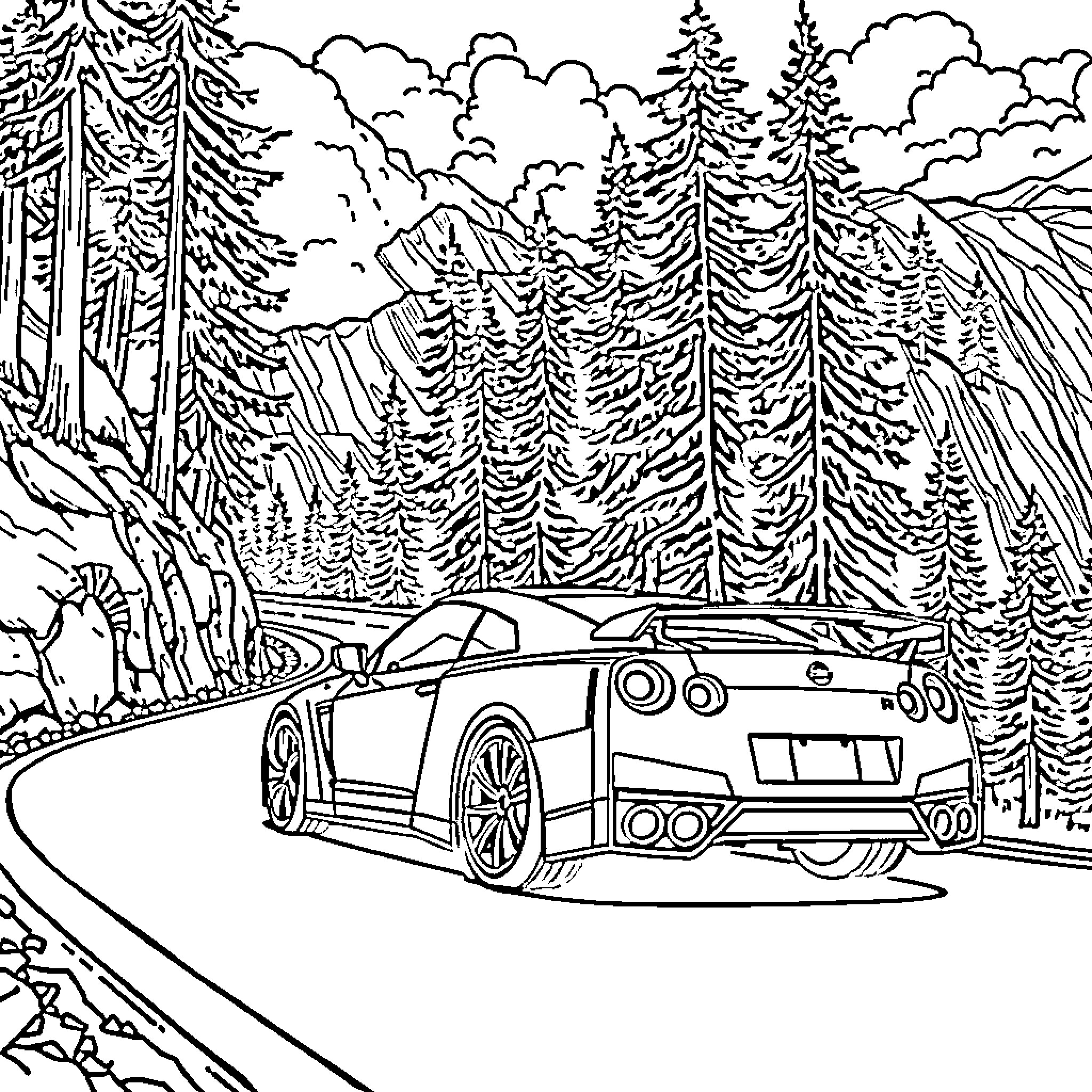 Nissan GTR speeding through a wintry forest landscape Coloring Page (free black-and-white line drawing printable PDF for all, from beginners to advanced learners, including children, teens, adults, and seniors)