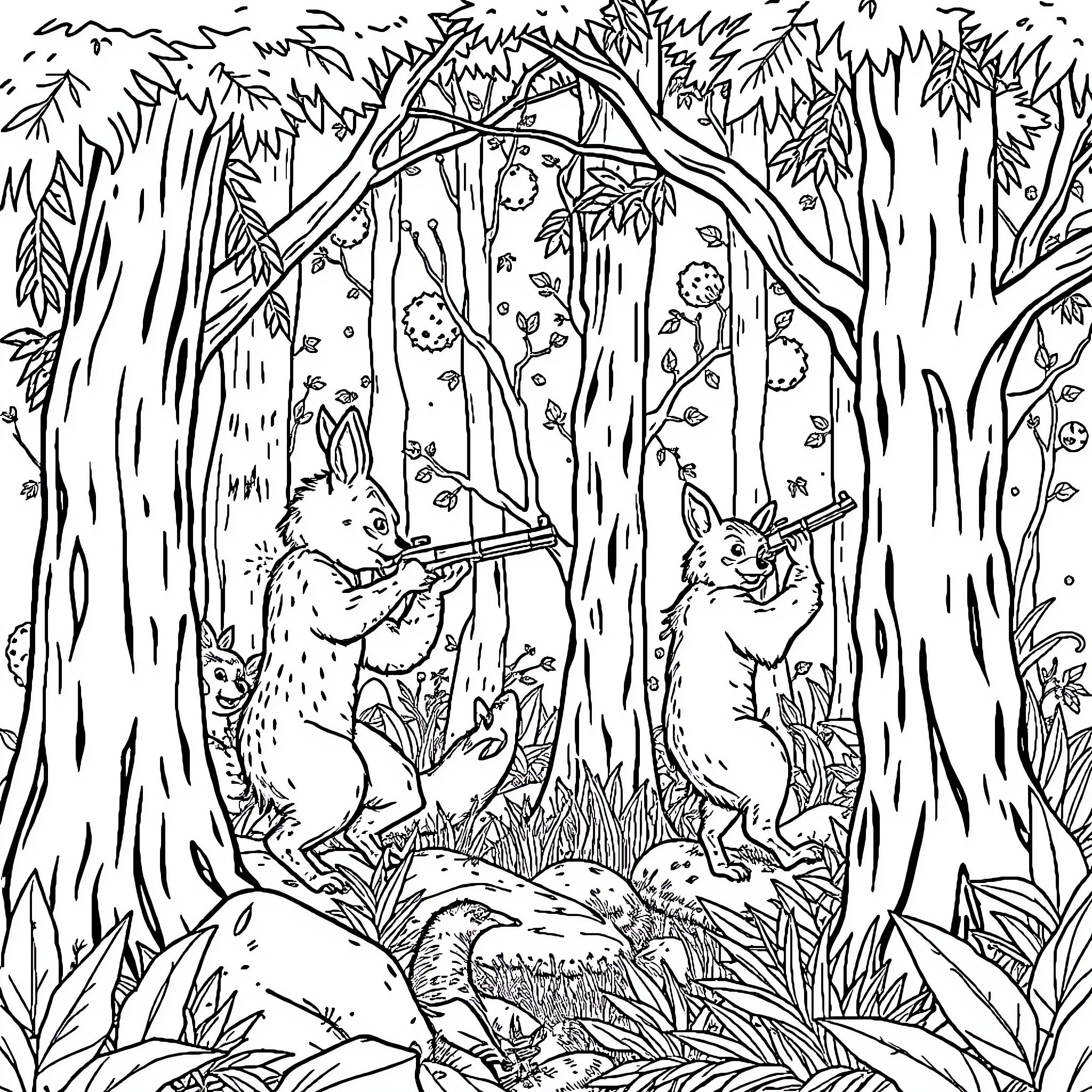 Poachers apprehending wildlife in a dense forest Coloring Page (free black-and-white line drawing printable PDF for all, from beginners to advanced learners, including children, teens, adults, and seniors)