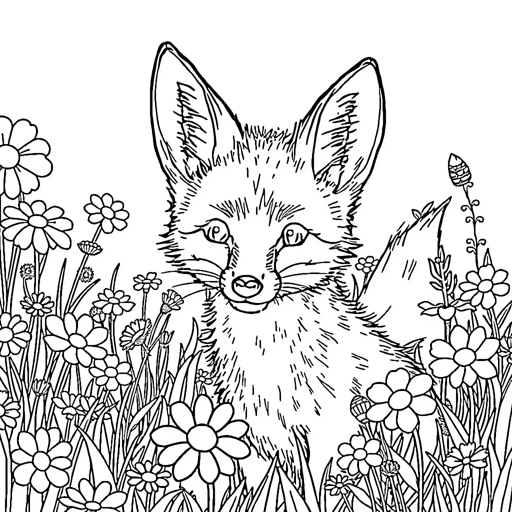 Fox peeking through a floral garden Coloring Page (free black-and-white line drawing printable PDF for all, from beginners to advanced learners, including children, teens, adults, and seniors)