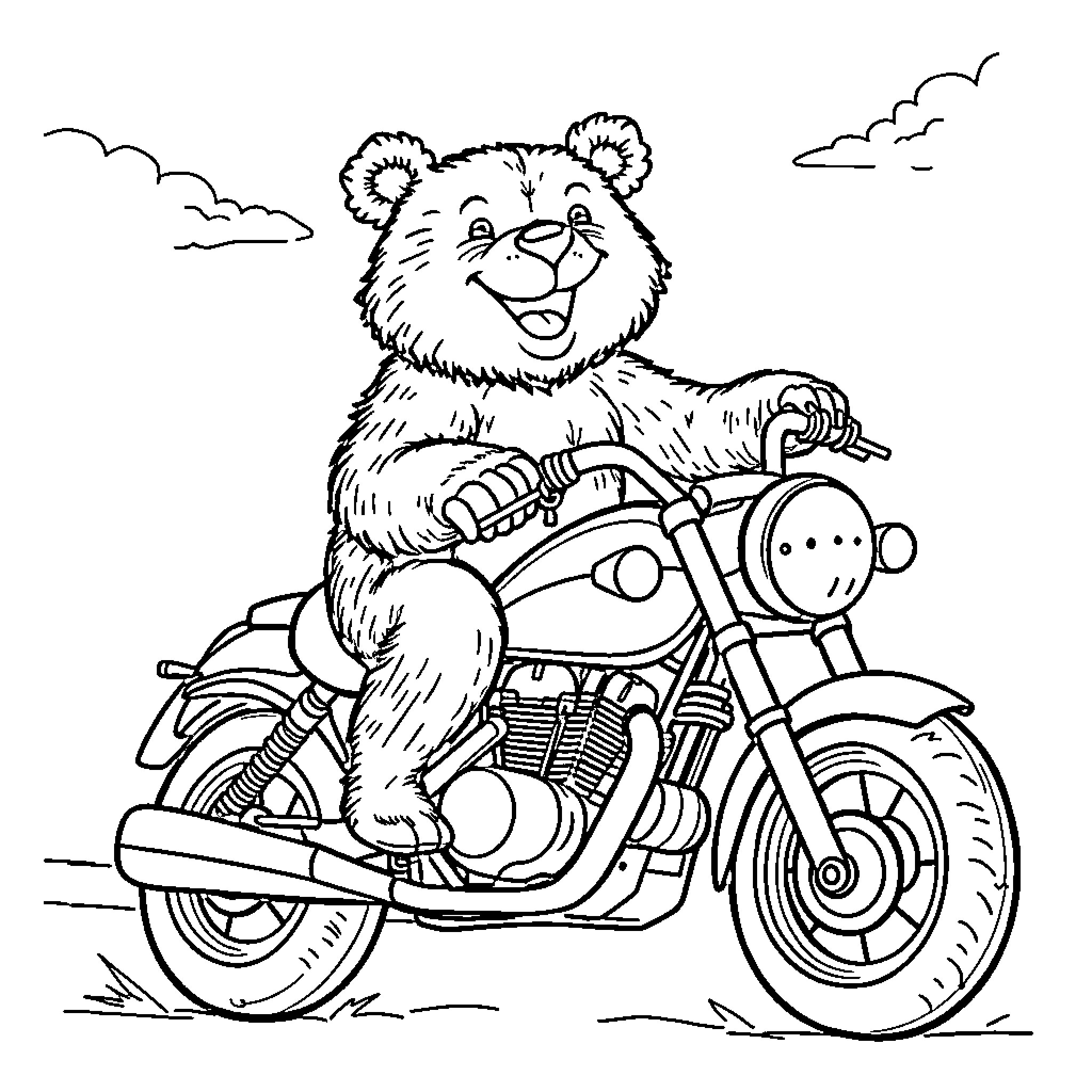 Bear riding a motorcycle on the open road Coloring Page (free black-and-white line drawing printable PDF for all, from beginners to advanced learners, including children, teens, adults, and seniors)