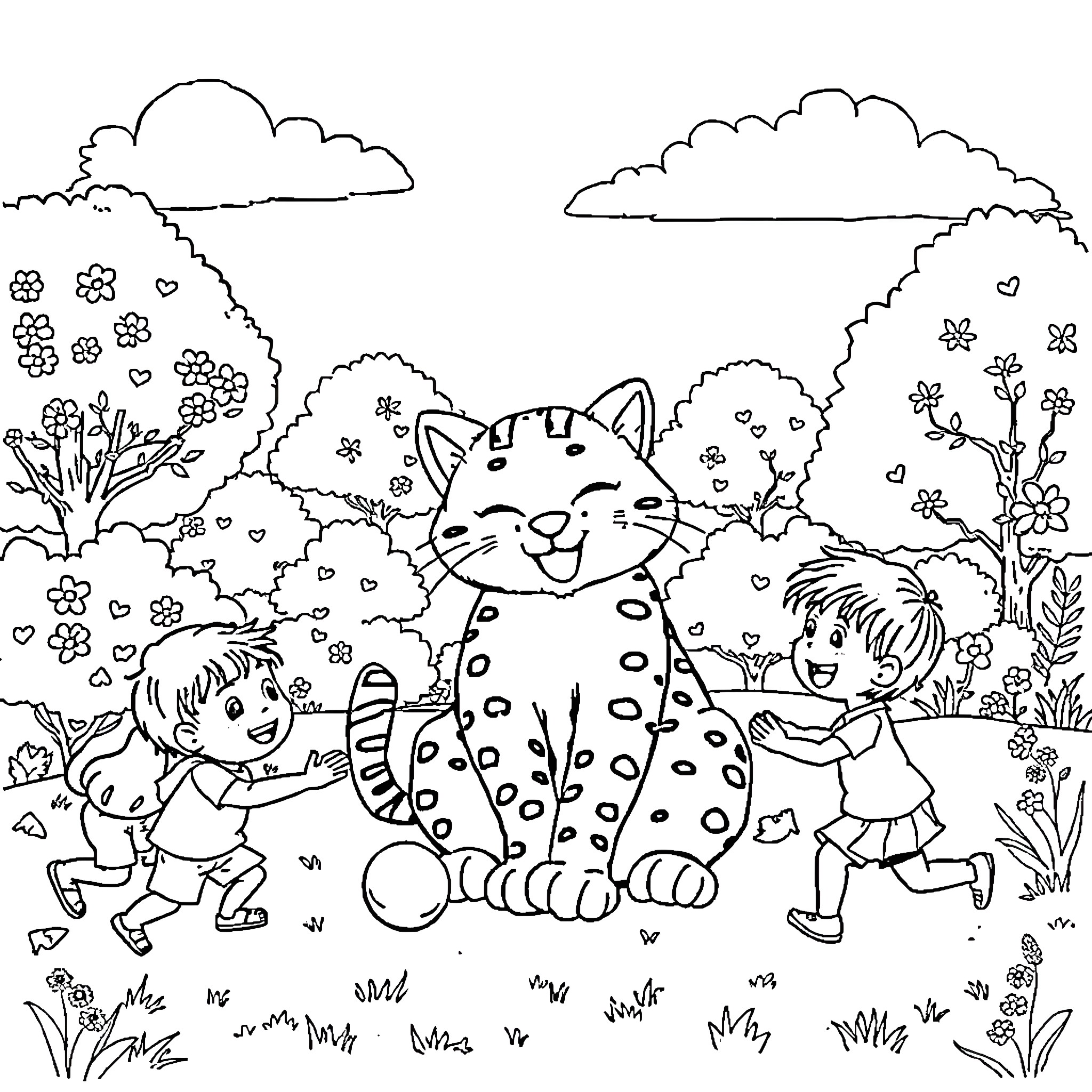 Cat playing with happy children in the garden Coloring Page (free black-and-white line drawing printable PDF for all, from beginners to advanced learners, including children, teens, adults, and seniors)