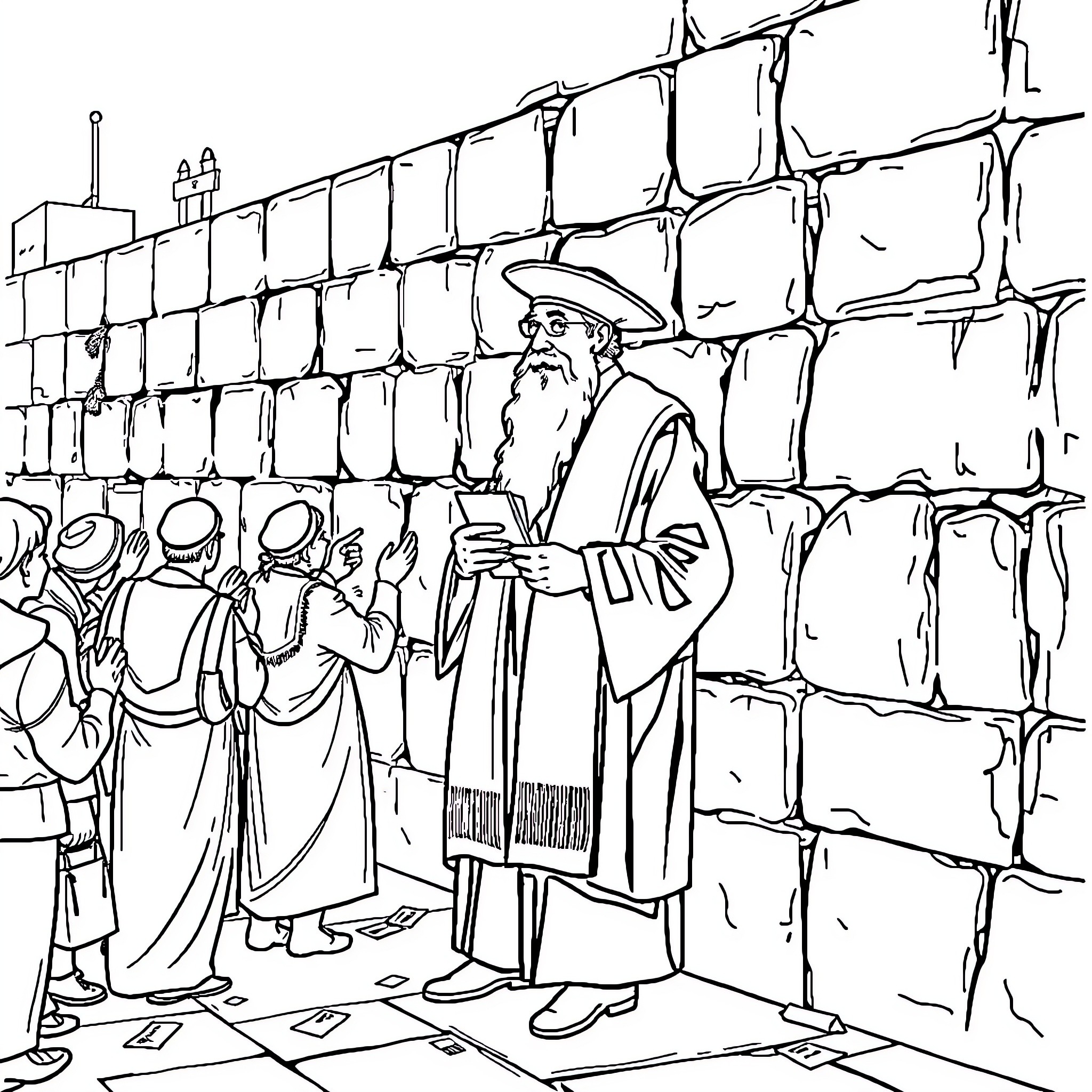 Rabbi praying at the Western Wall Coloring Page (free black-and-white line drawing printable PDF for all, from beginners to advanced learners, including children, teens, adults, and seniors)