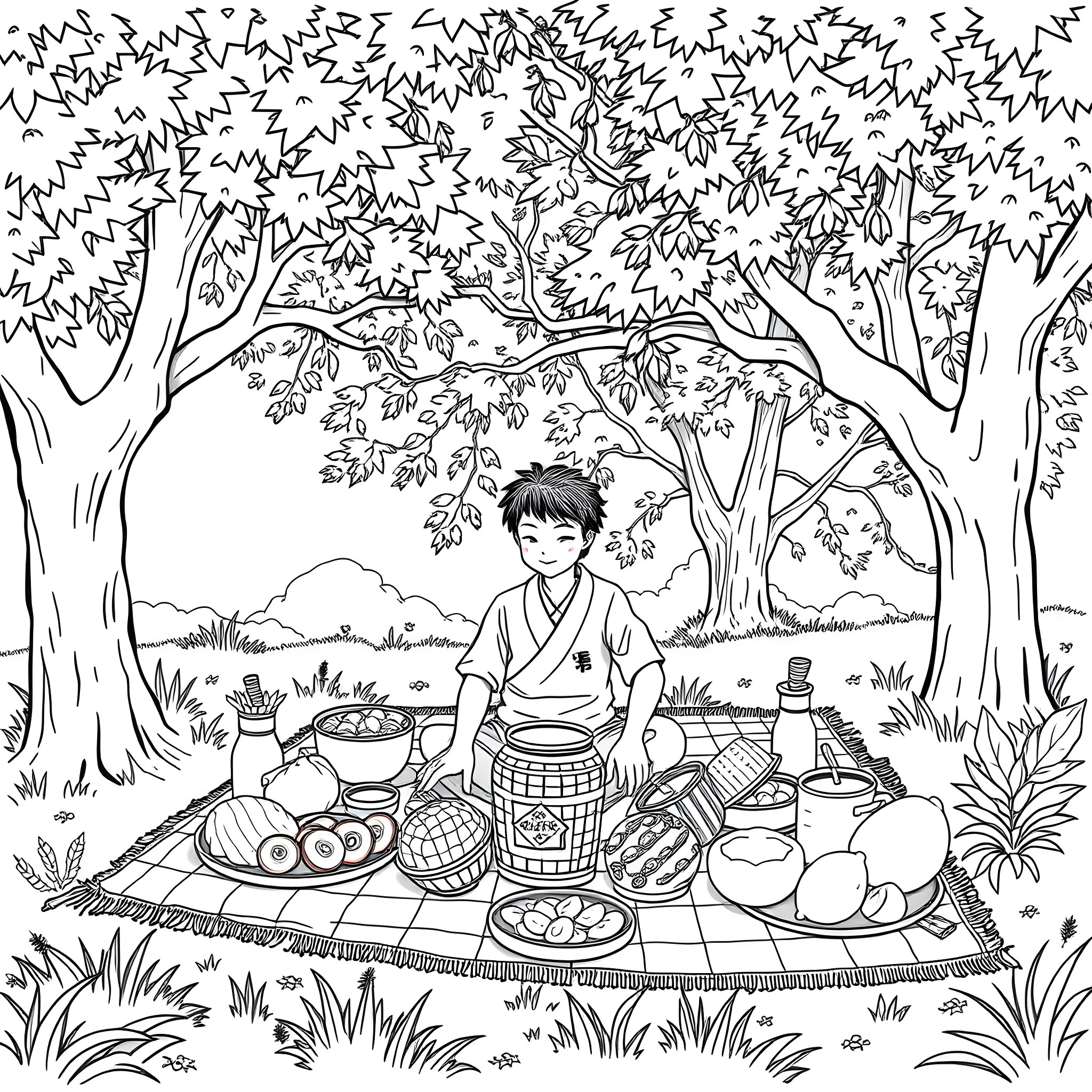 Tanjiro Kamado Enjoying a Peaceful Picnic in the Forest Coloring Page (free black-and-white line drawing printable PDF for all, from beginners to advanced learners, including children, teens, adults, and seniors)