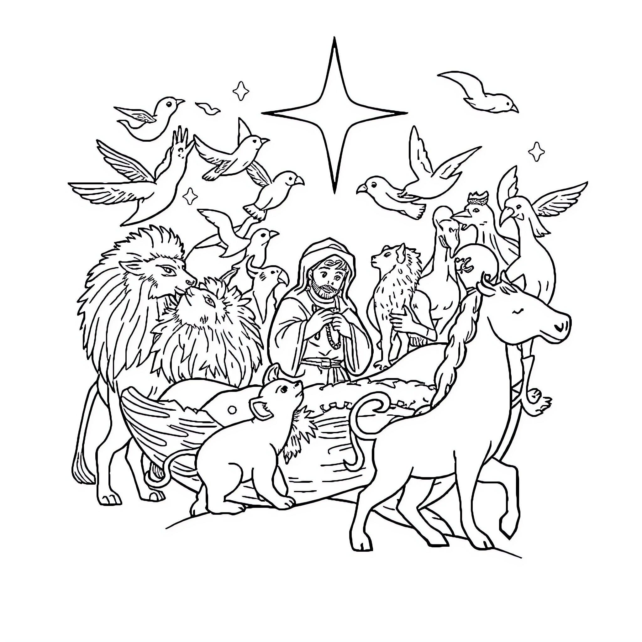 Noah and the Wondrous Animal Kingdom Coloring Page (free black-and-white line drawing printable PDF for all, from beginners to advanced learners, including children, teens, adults, and seniors)
