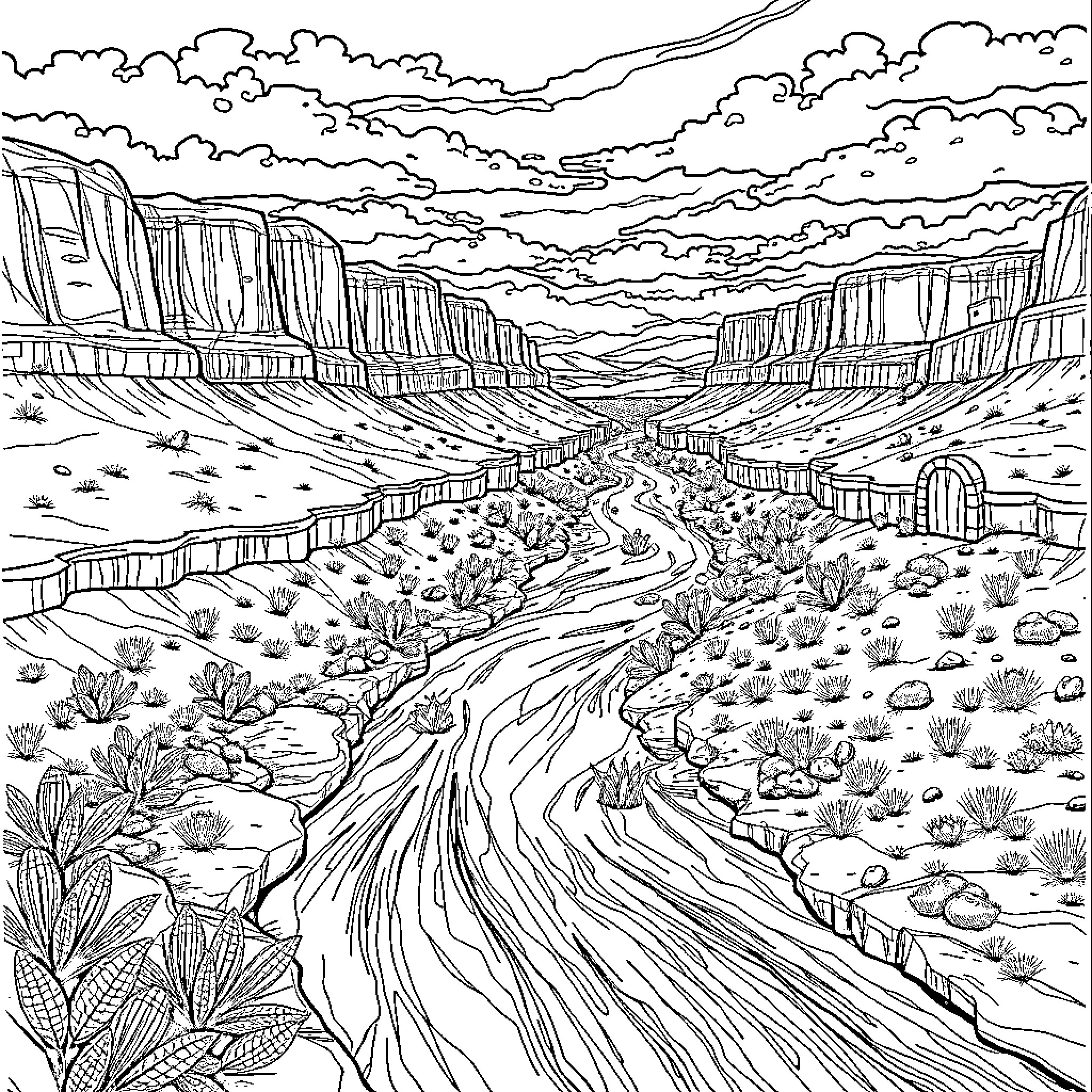 River Plate: Desert Landscape with Winding Path Coloring Page (free black-and-white line drawing printable PDF for all, from beginners to advanced learners, including children, teens, adults, and seniors)