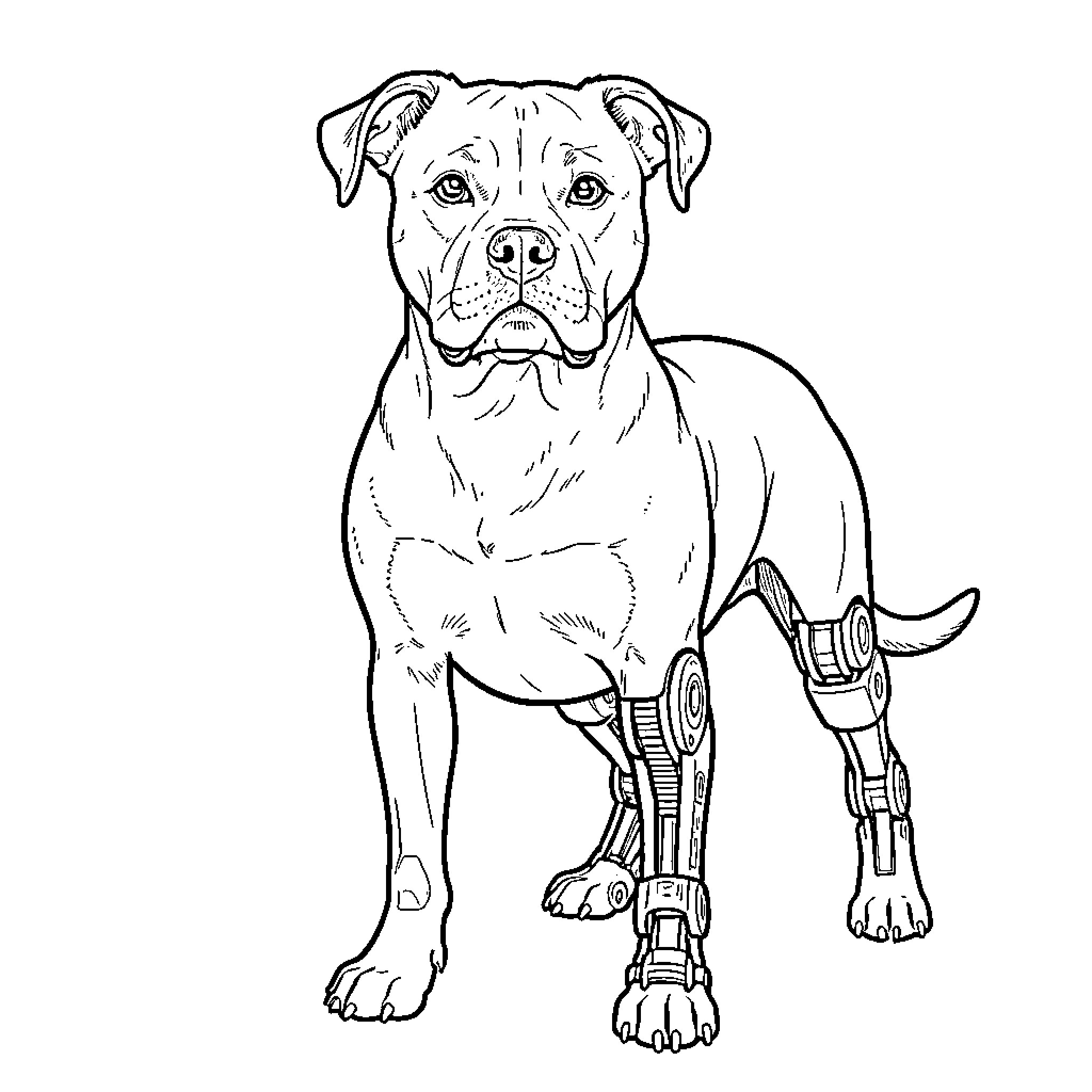 Staffy dog with bionic limbs Coloring Page (free black-and-white line drawing printable PDF for all, from beginners to advanced learners, including children, teens, adults, and seniors)