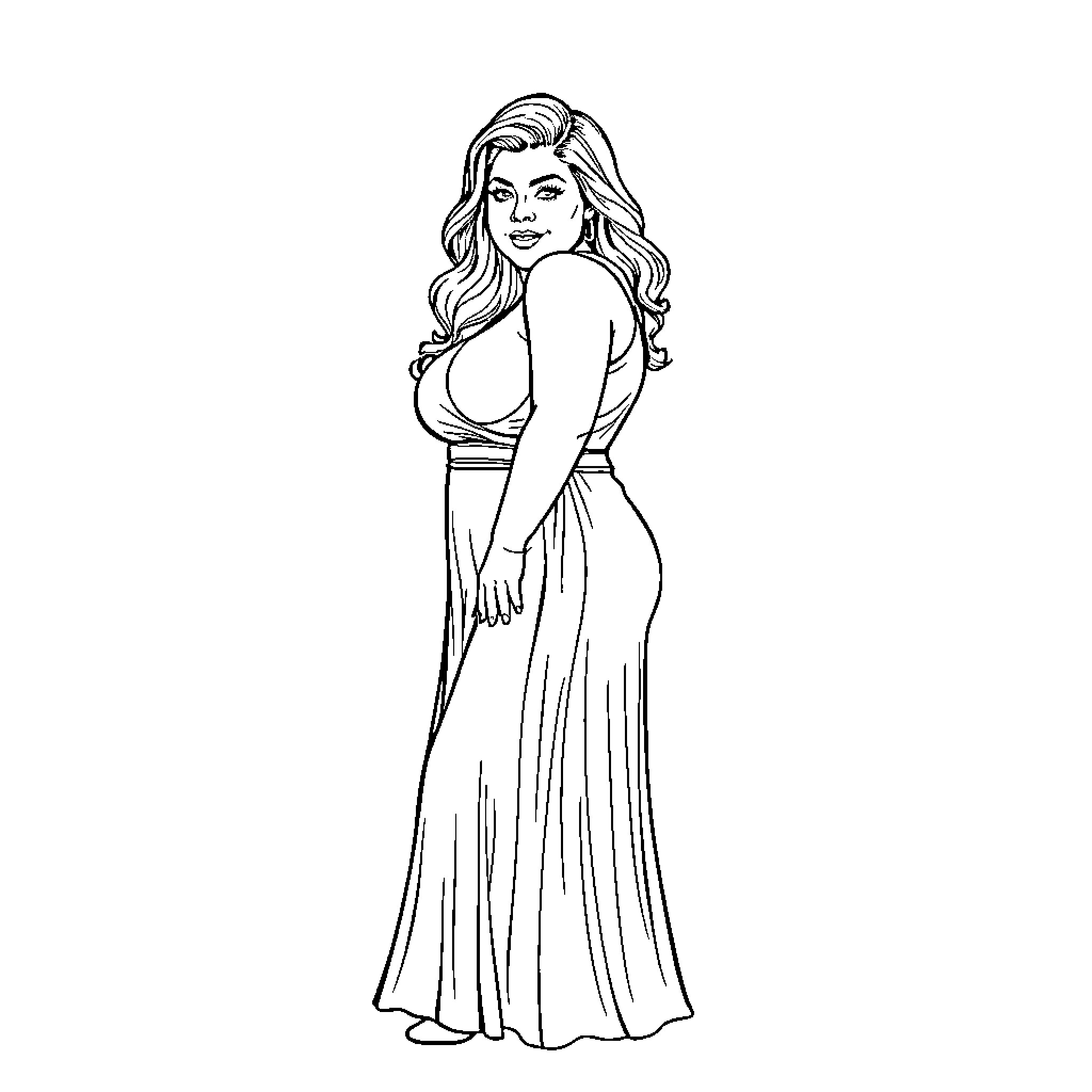 Kelly Clarkson posing in a glamorous outfit Coloring Page (free black-and-white line drawing printable PDF for all, from beginners to advanced learners, including children, teens, adults, and seniors)