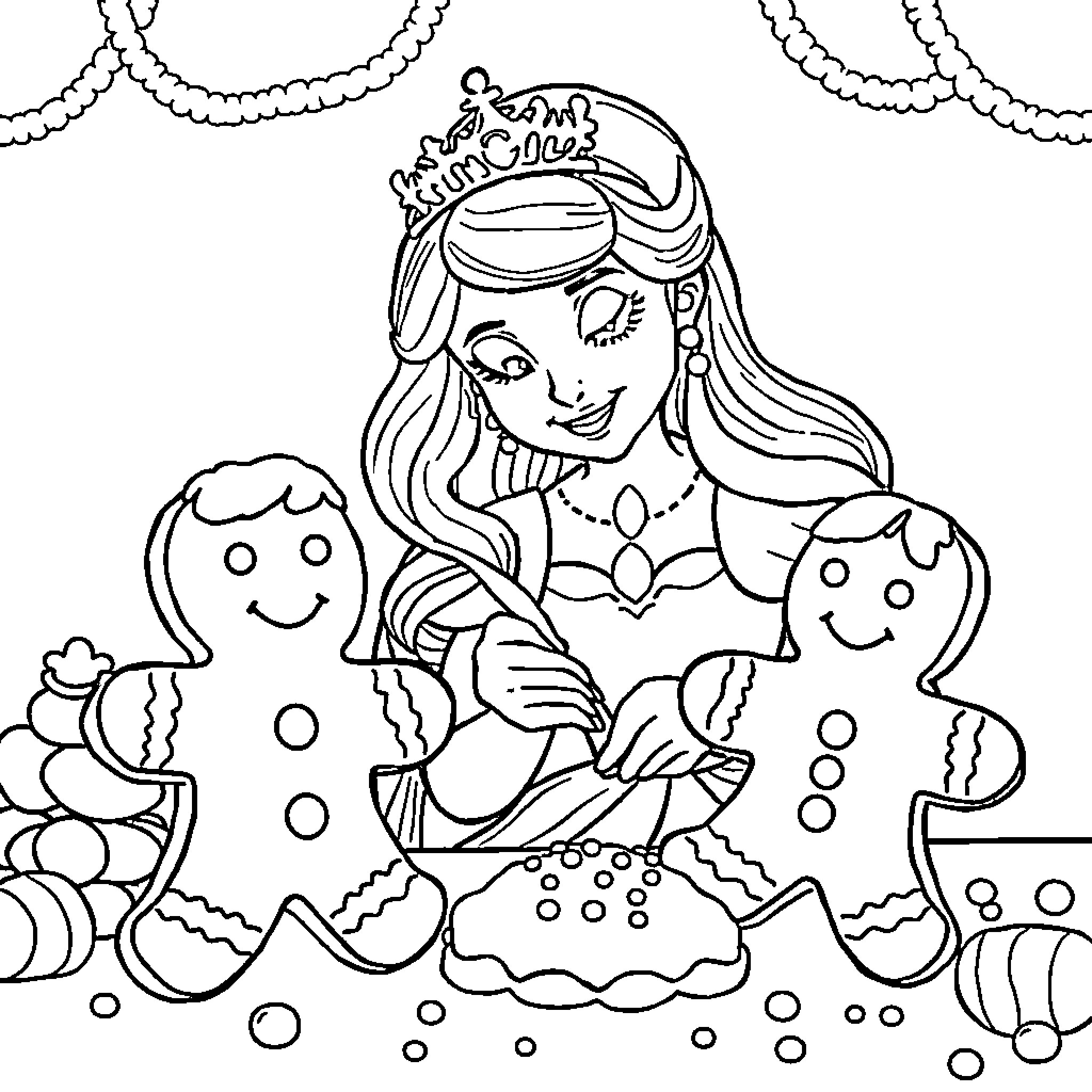 Princess with Gingerbread Cookies and Decorations Coloring Page (free black-and-white line drawing printable PDF for all, from beginners to advanced learners, including children, teens, adults, and seniors)