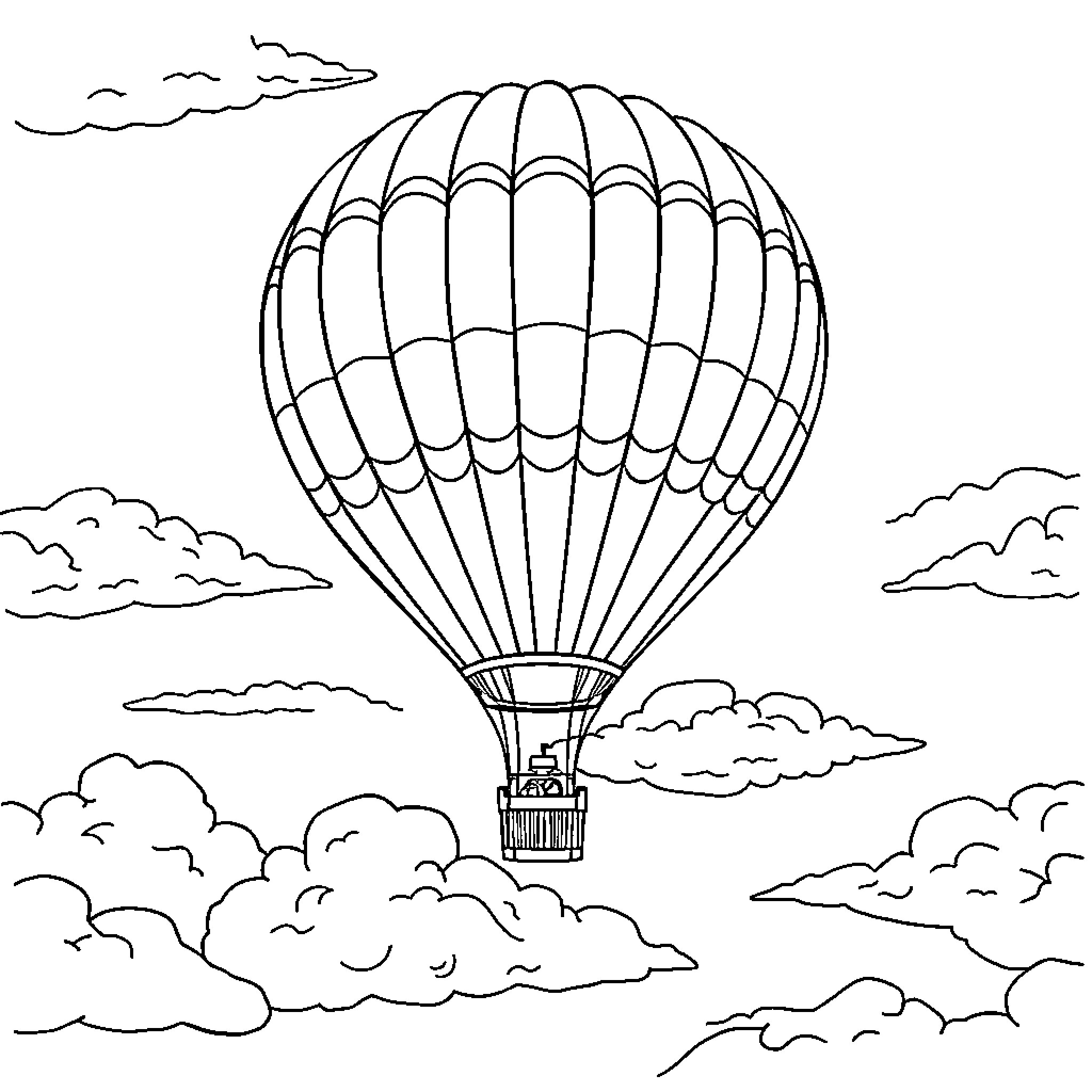 Balloon soaring through a cloudy sky Coloring Page (free black-and-white line drawing printable PDF for all, from beginners to advanced learners, including children, teens, adults, and seniors)