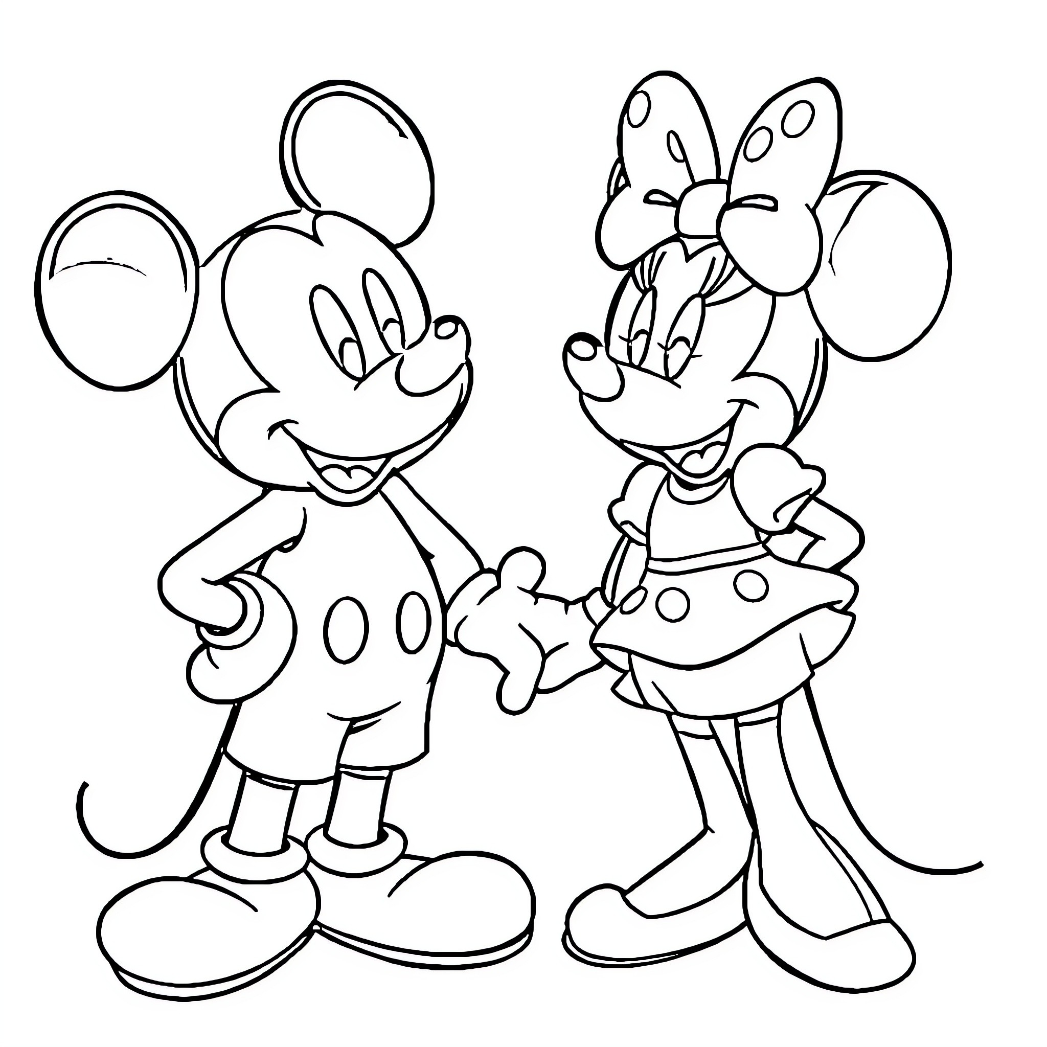 Mickey Mouse and Minnie Mouse holding hands playfully Coloring Page (free black-and-white line drawing printable PDF for all, from beginners to advanced learners, including children, teens, adults, and seniors)