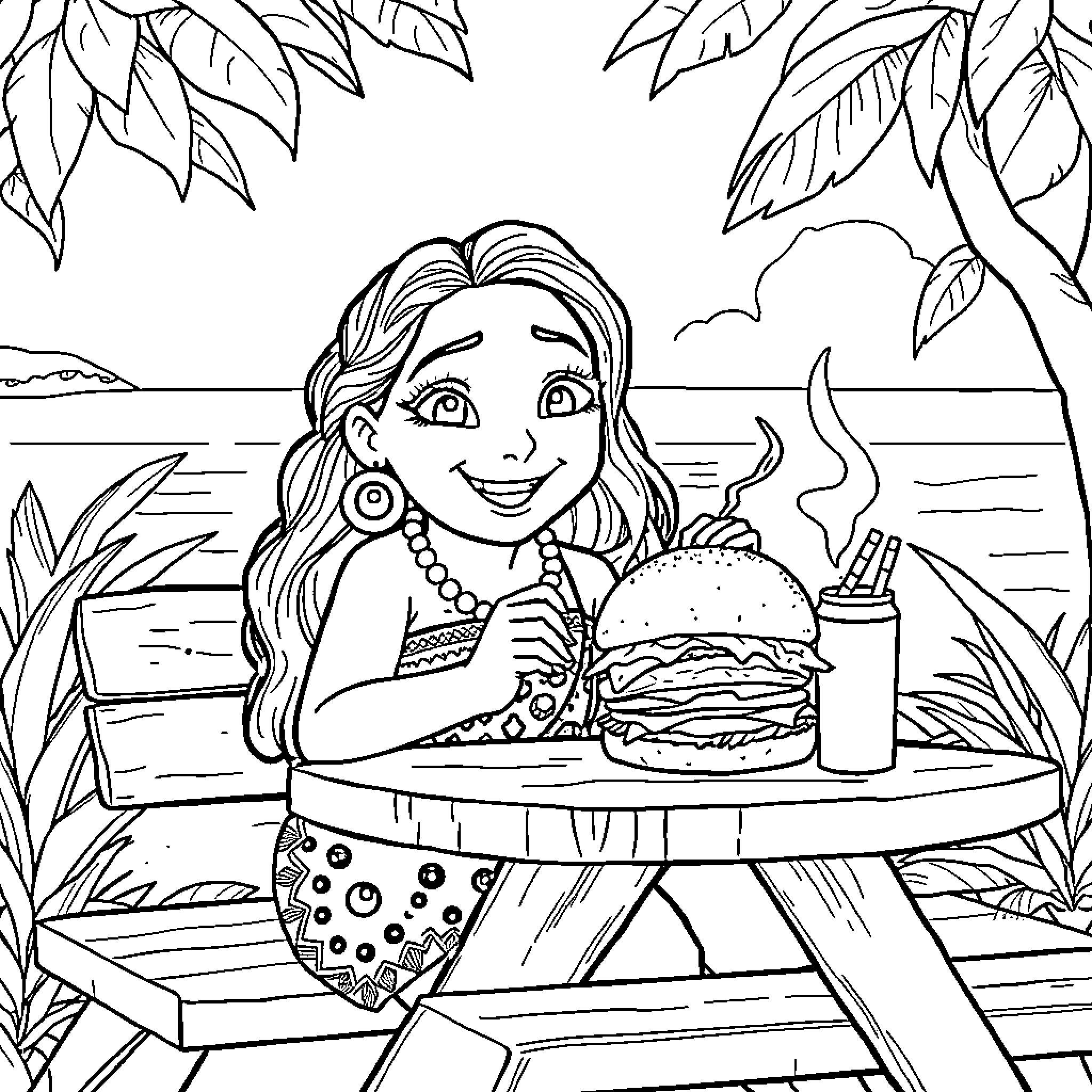 Moana enjoying a delicious burger on the beach Coloring Page (free black-and-white line drawing printable PDF for all, from beginners to advanced learners, including children, teens, adults, and seniors)