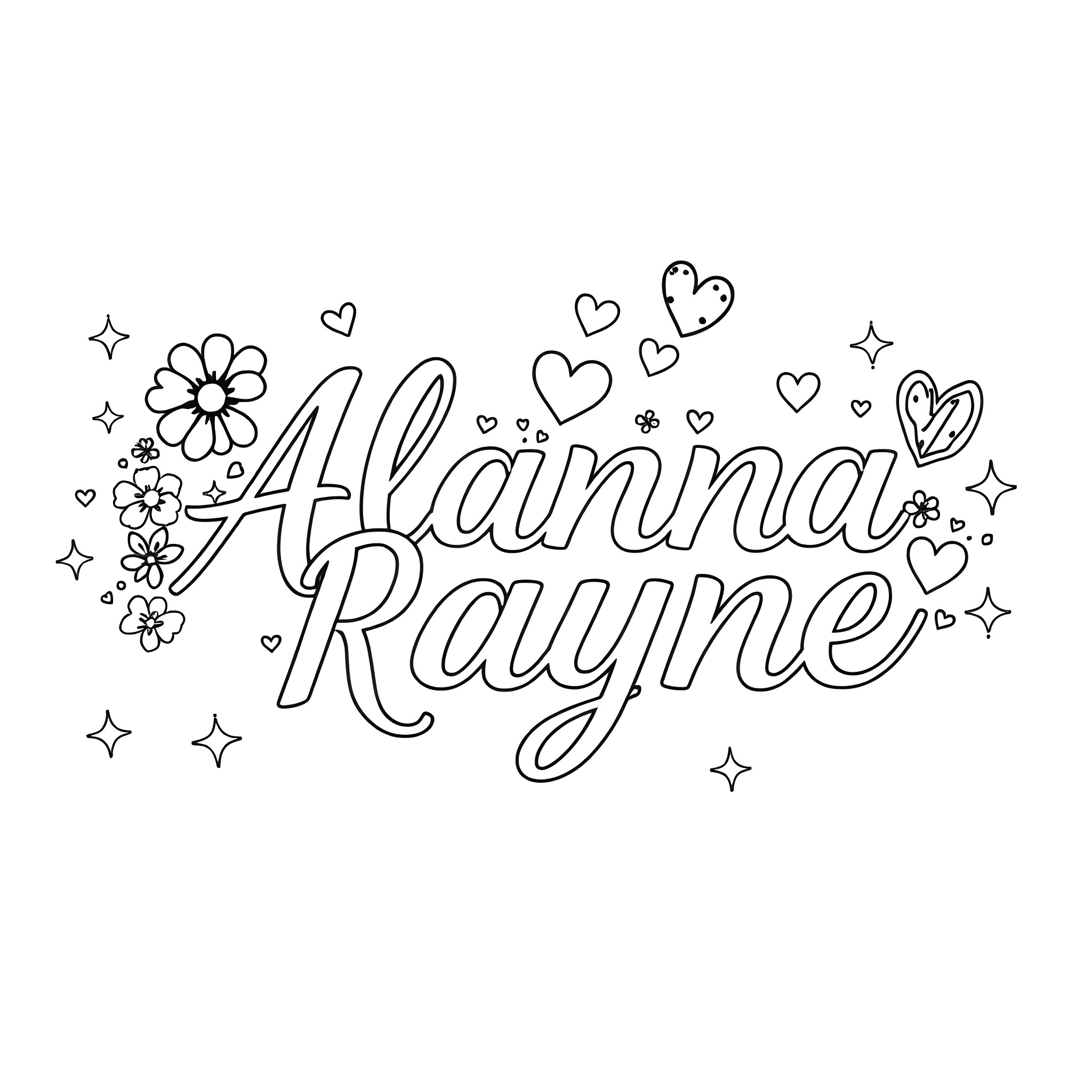 Cursive Font Featuring Decorative Floral and Heart Designs Coloring Page (free black-and-white line drawing printable PDF for all, from beginners to advanced learners, including children, teens, adults, and seniors)