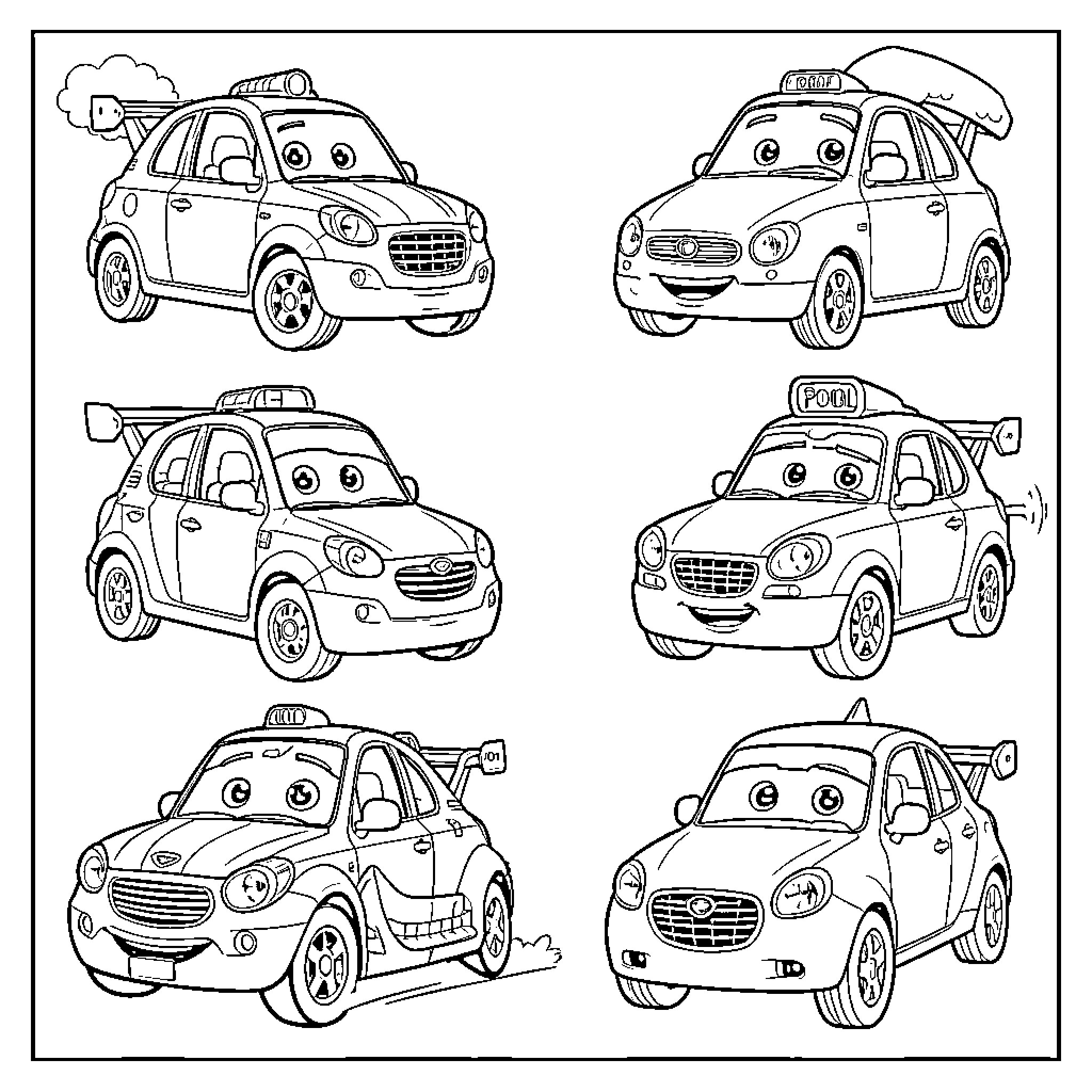 Robocar Poli and friends in action Coloring Page (free black-and-white line drawing printable PDF for all, from beginners to advanced learners, including children, teens, adults, and seniors)